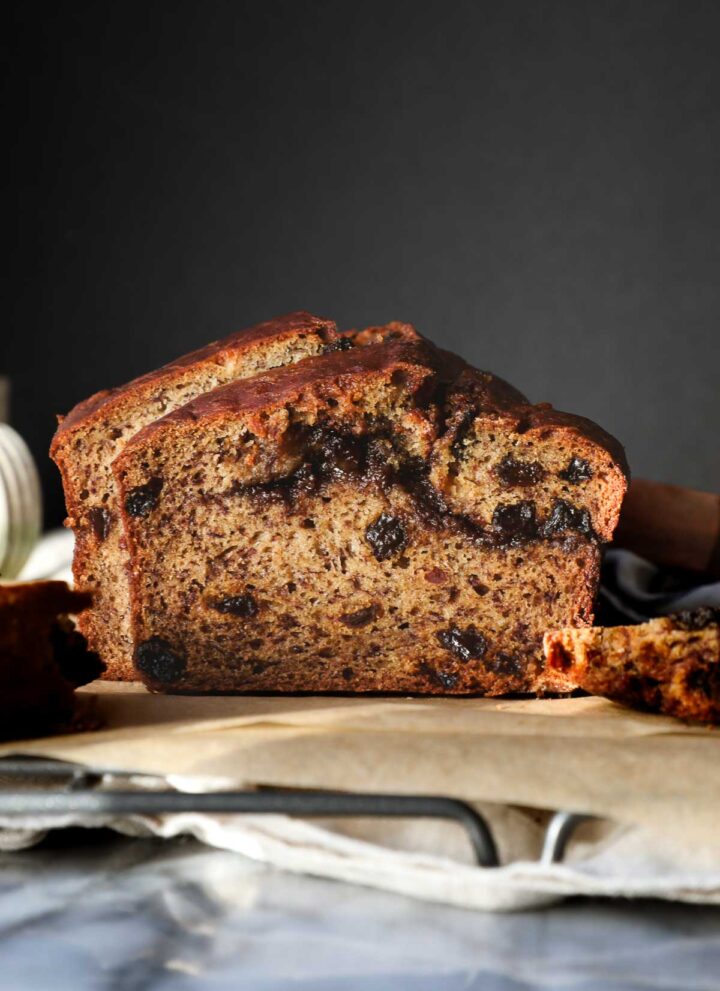 Cross section of a loaf of banana raisin bread.