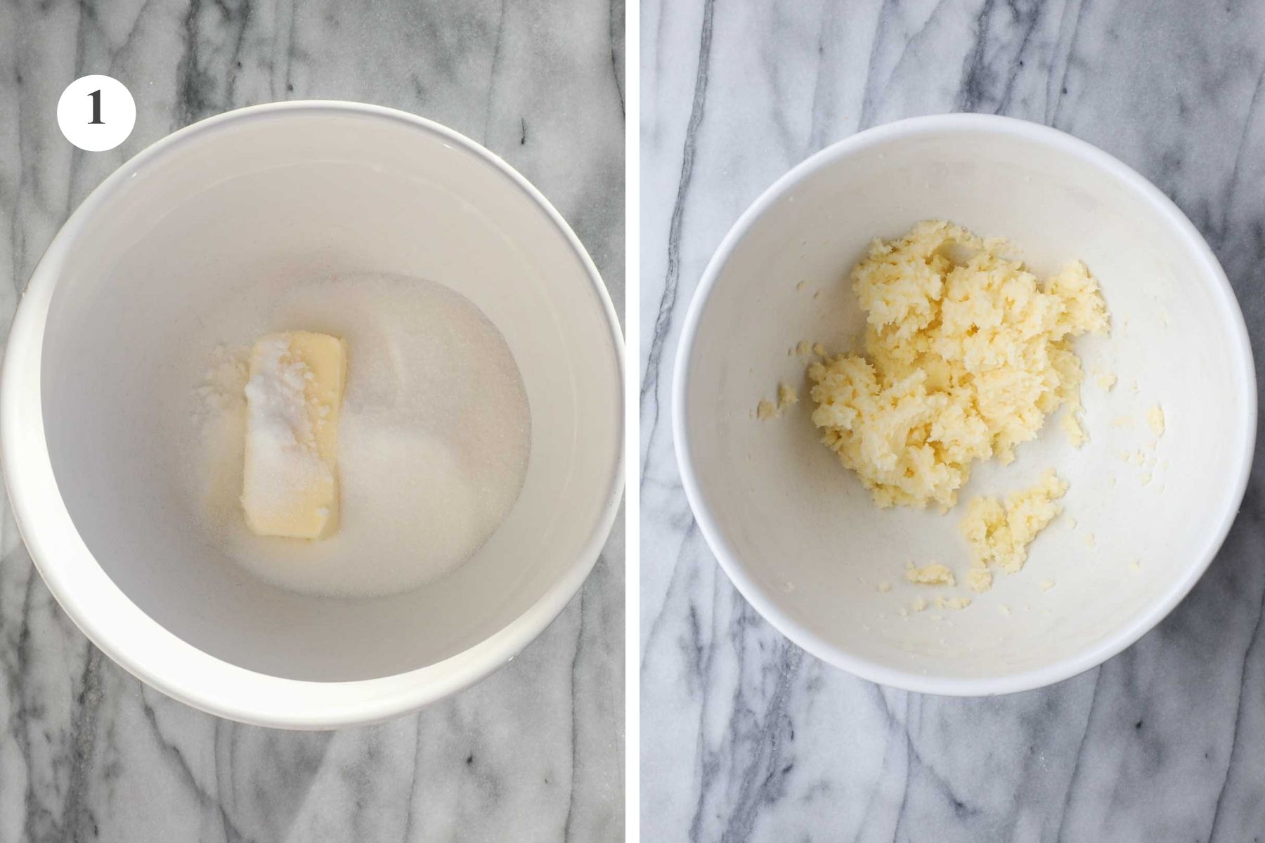Butter and sugar in a bowl, next to the same bowl with butter and sugar creamed together.