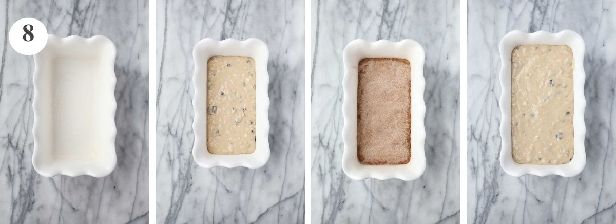 Four images of a loaf of banana raisin bread: butter and floured loaf pan, loaf pan with half batter, loaf pan with the cinnamon sugar layer, loaf pan with remaining batter.