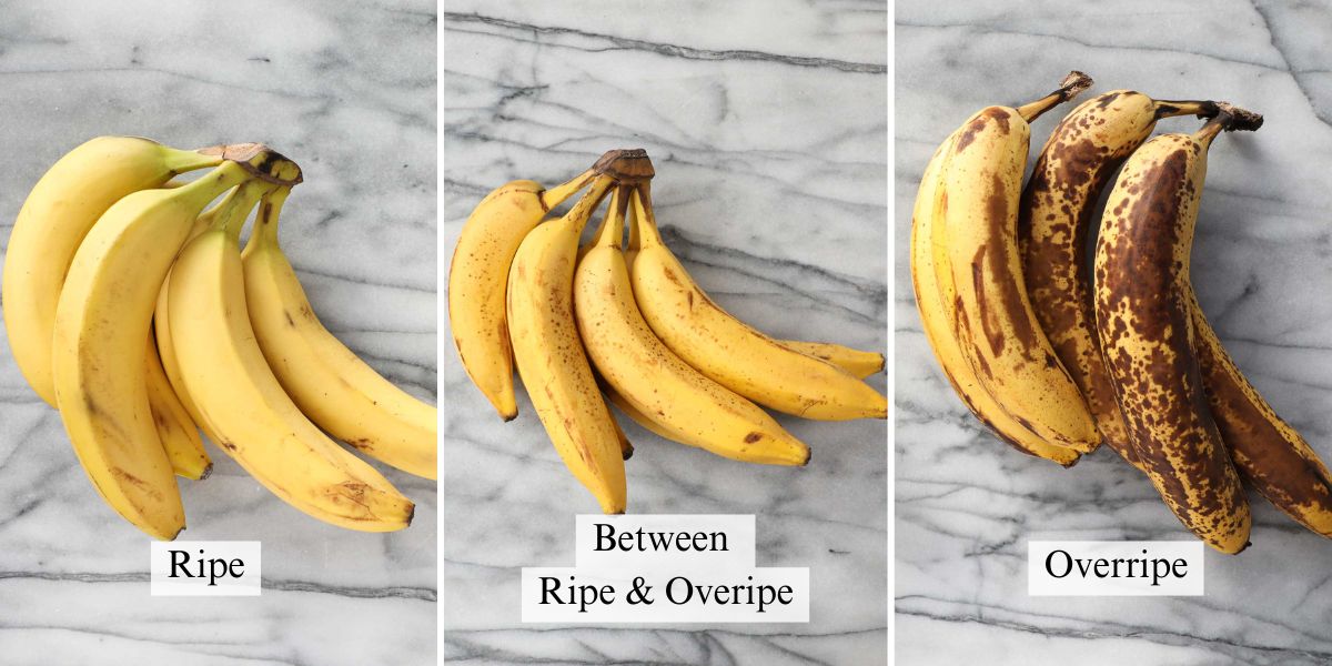 Three stages of the ripeness of bananas based on coloring of the banana peel, ripe, overripe, and between ripe and overripe.