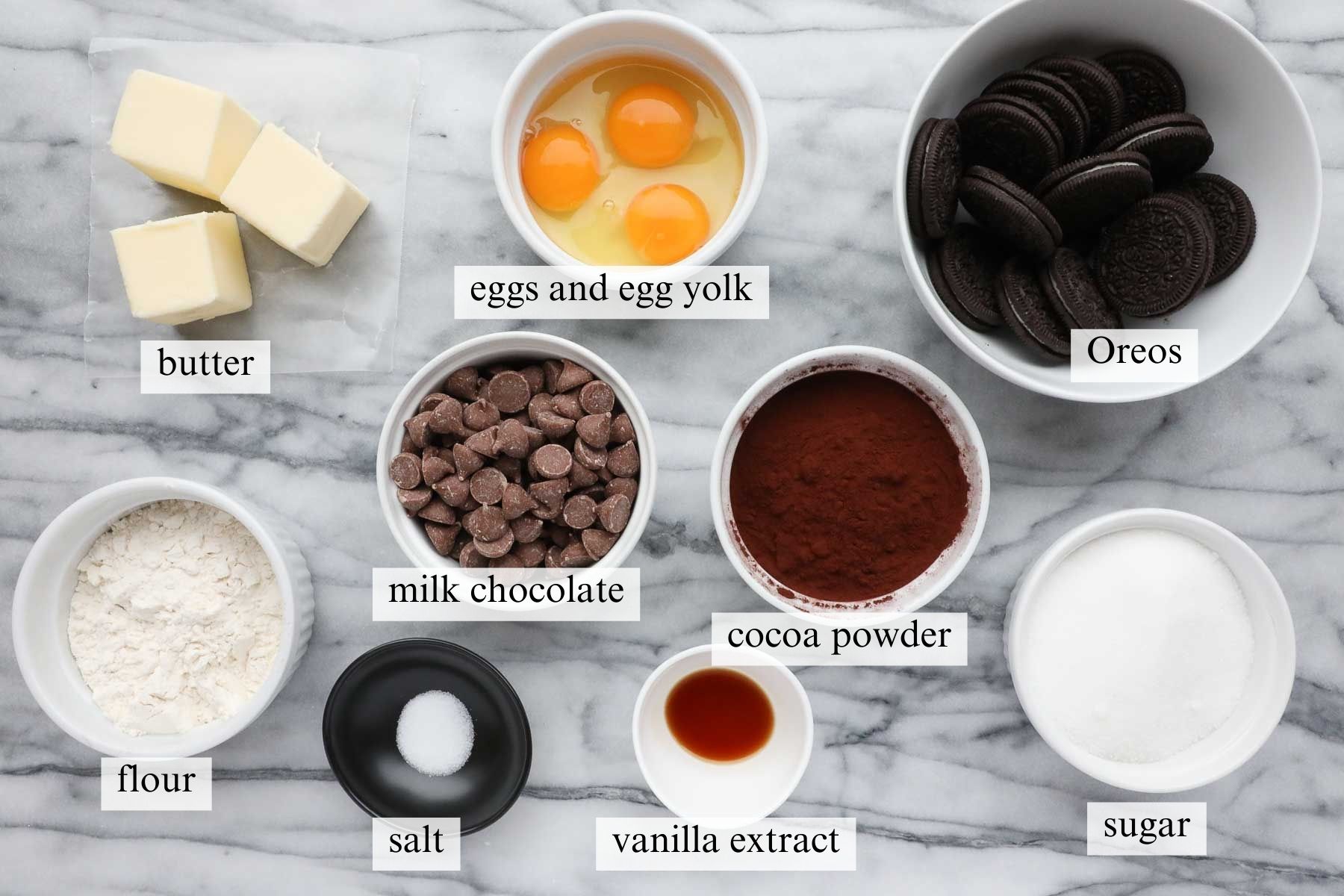 Ingredients for the brownie layer of the Oreo Cheesecake Brownies.