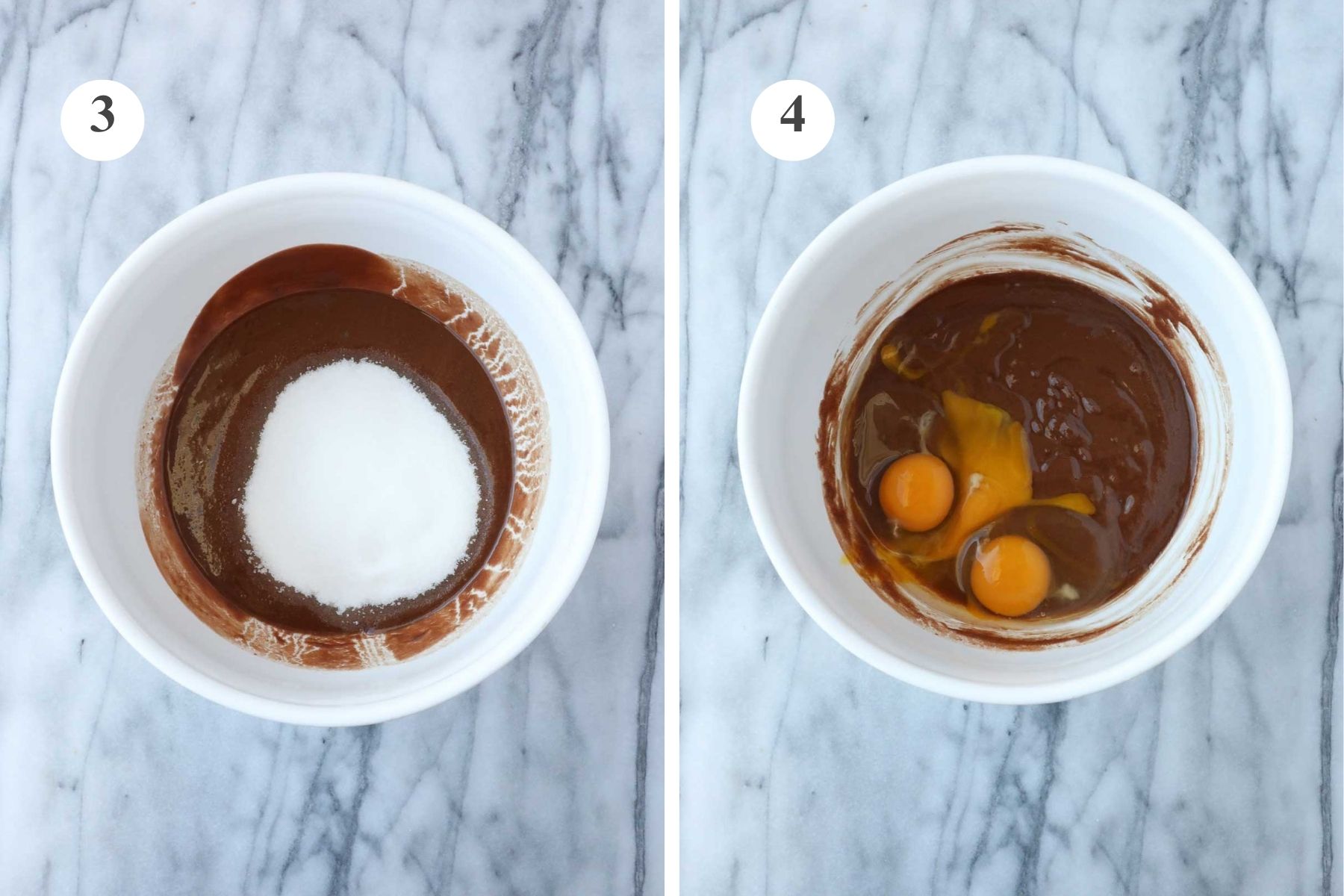 Bowl with melted chocolate and butter with sugar added, next to bowl with ingredients combined and eggs.