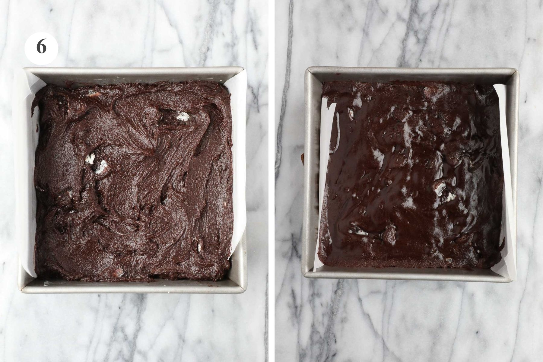 Prepared square baking pan with Oreo Brownie batter, next to image of pan that has been baked for 10 minutes.