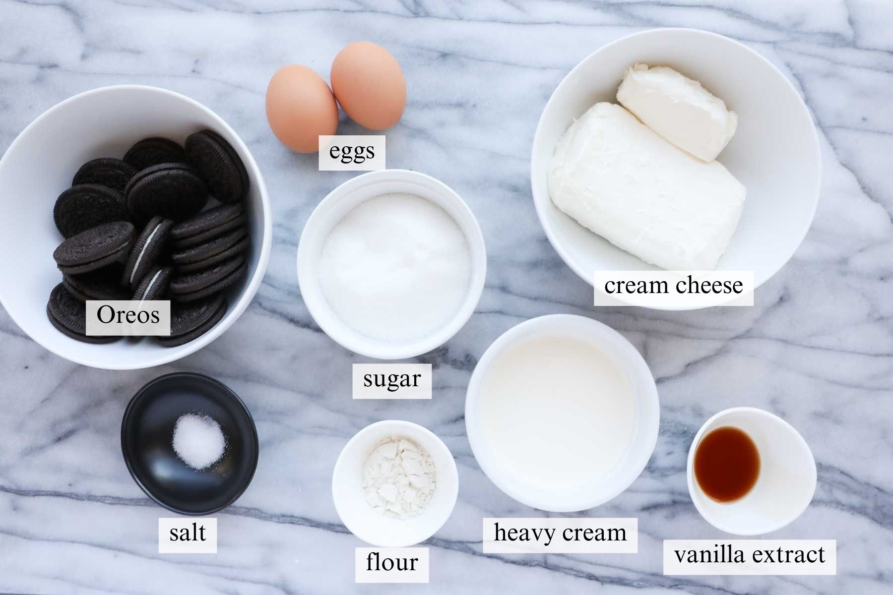 Ingredients needed for the cheesecake layer of the Oreo Cheesecake Brownies.