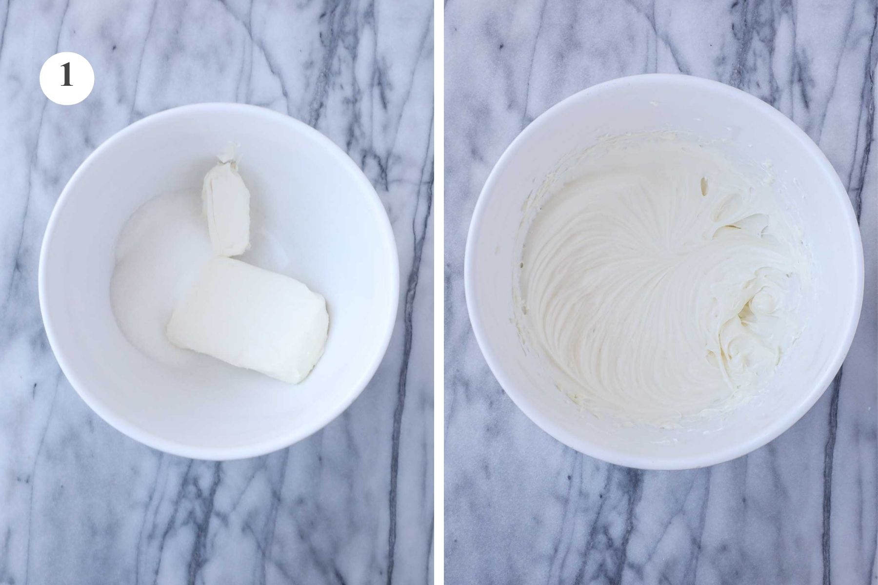 Large mixing bowl with cream cheese and sugar, next to image of the same bowl with ingredients combined.