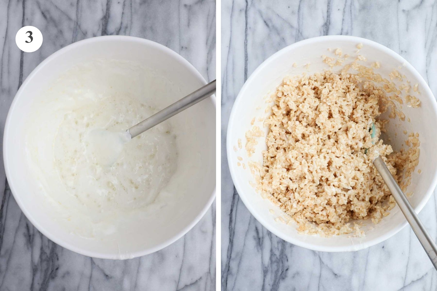 A bowl of melted marshmallows and butter next to an image of the same bowl with rice krispies mixed in.