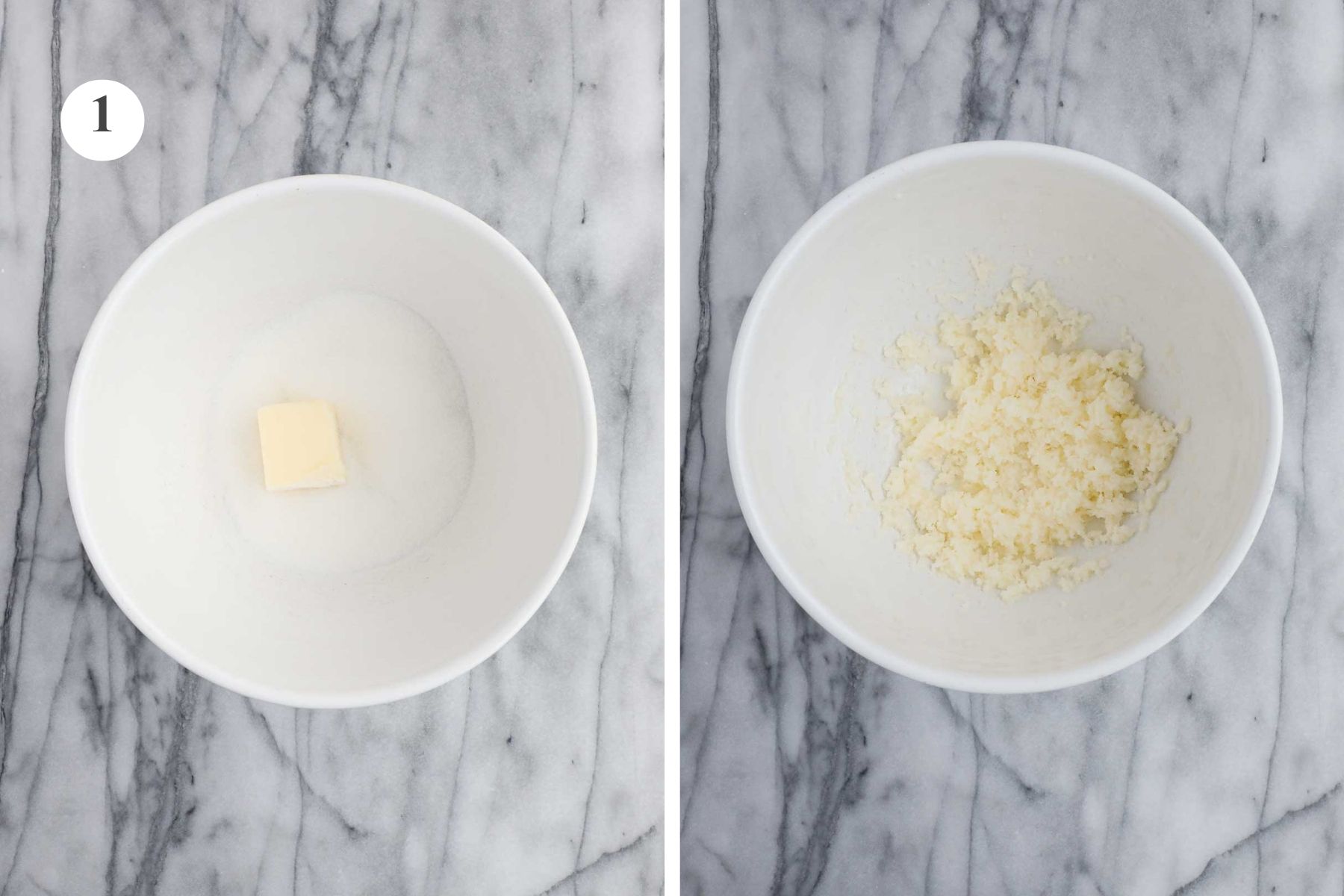 Mixing Bowl with softened butter and granulated sugar, next to image of the same bowl with the butter and sugar combined.