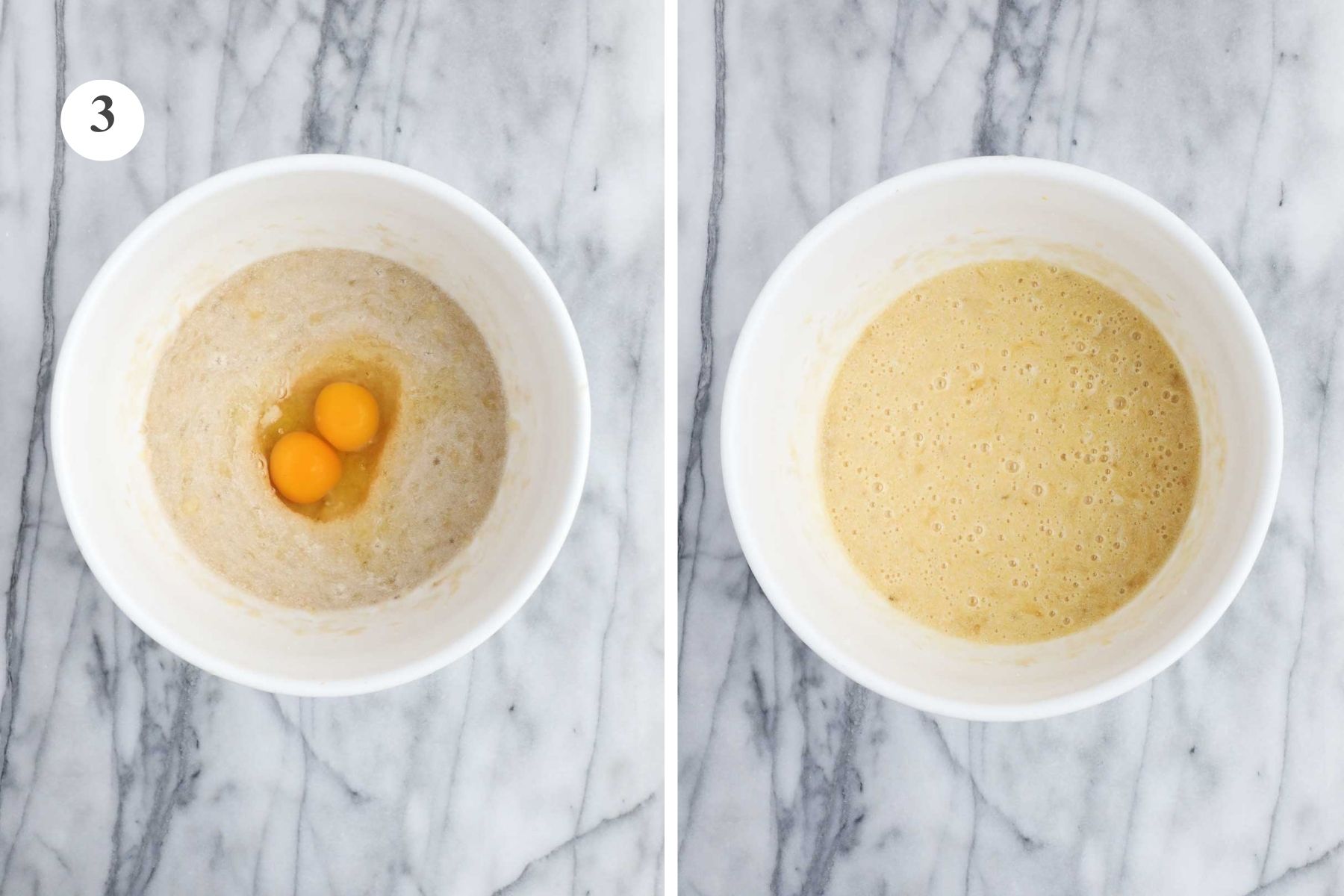 Mixing Bowl with eggs, next to image of the same bowl with the eggs incorporated into the batter.