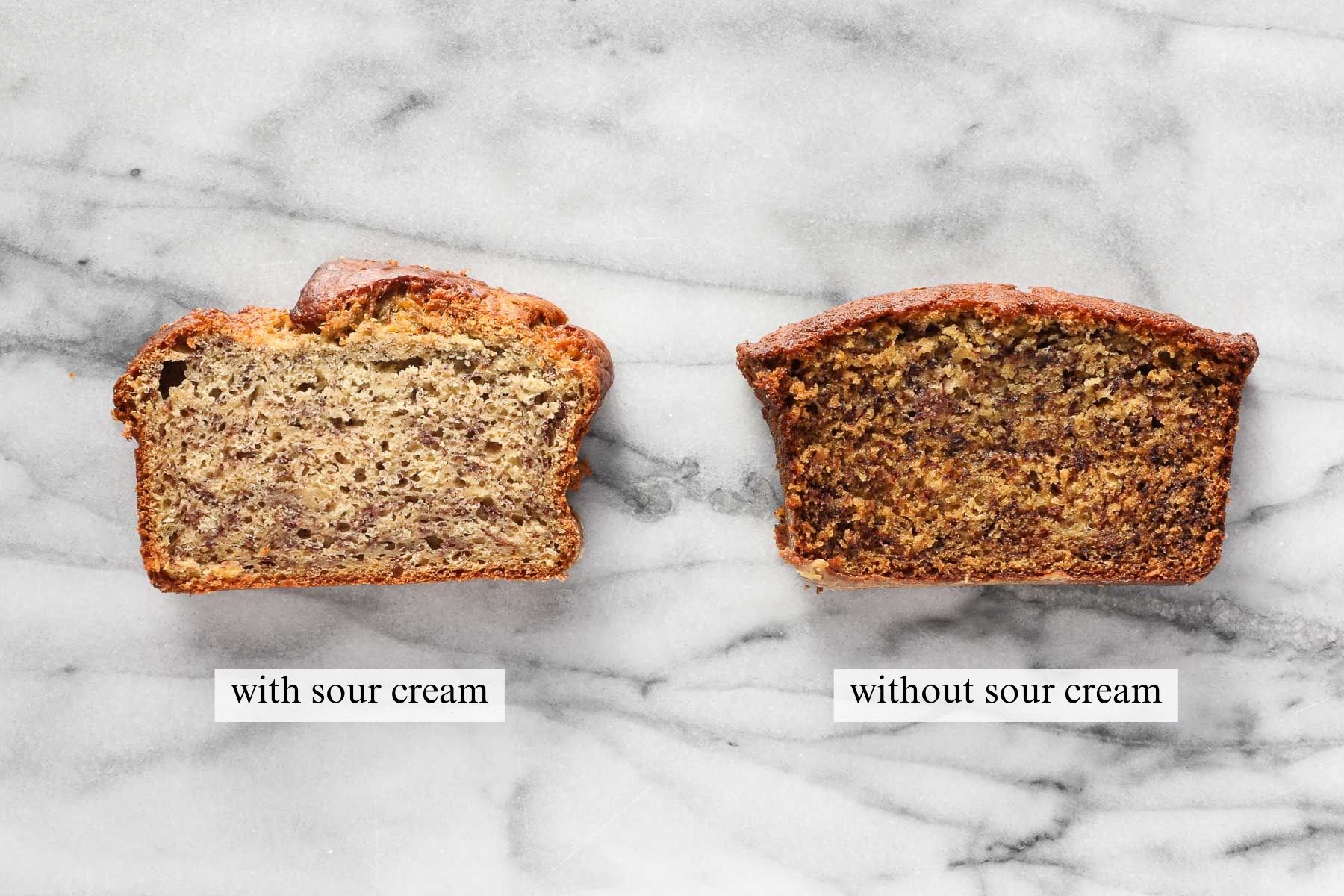 A slice of Einkorn banana bread made with sour cream next to a slice of Einkorn banana bread made without sour cream.