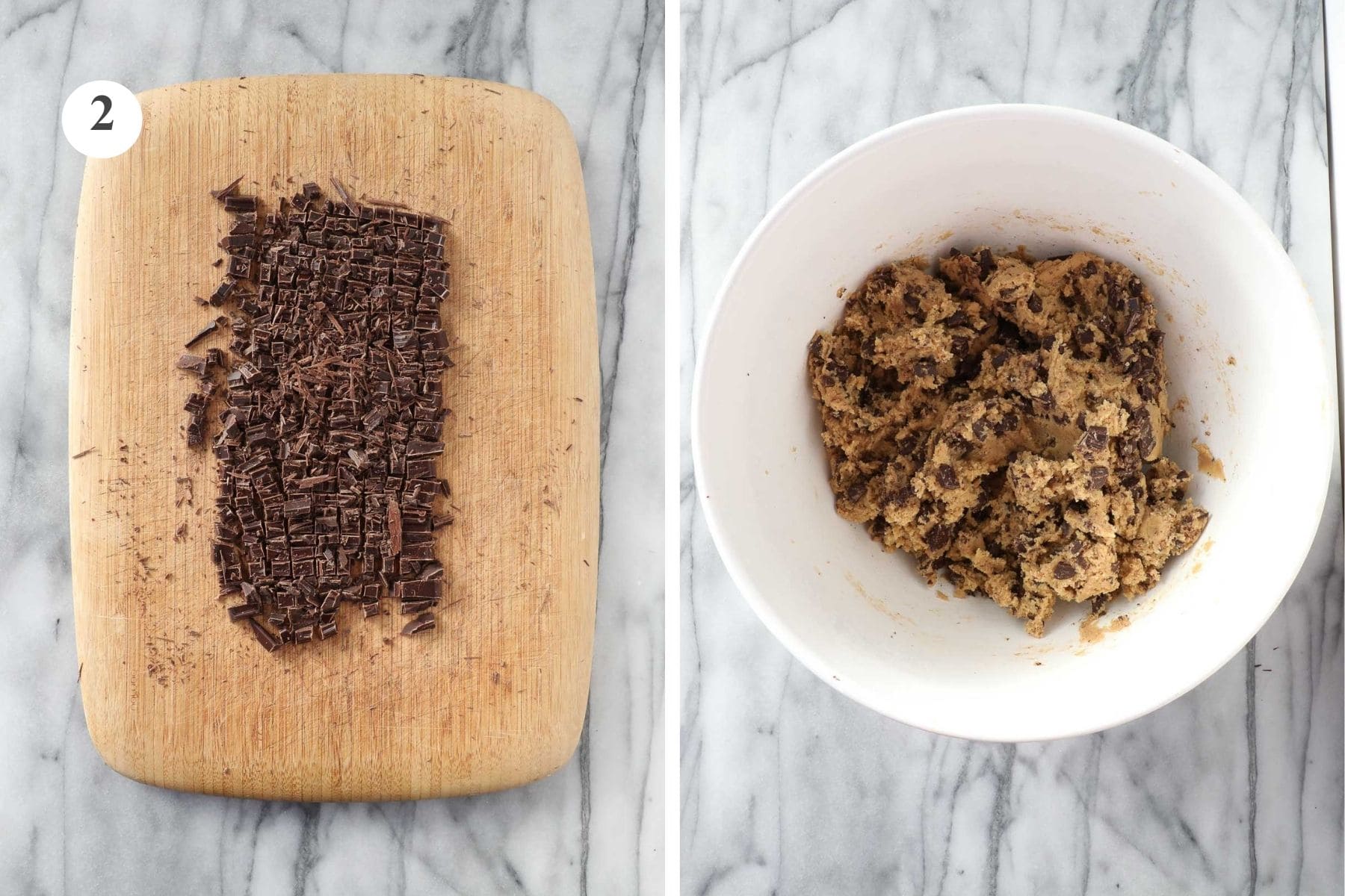 Wooden cutting board with a chocolate baking bar chopped into small pieces next to image of a mixing bowl with cookie dough and the chocolate added.