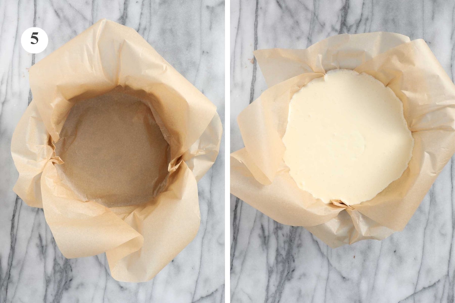 Round baking dish lined with parchment paper next to dish filled with cheesecake batter.