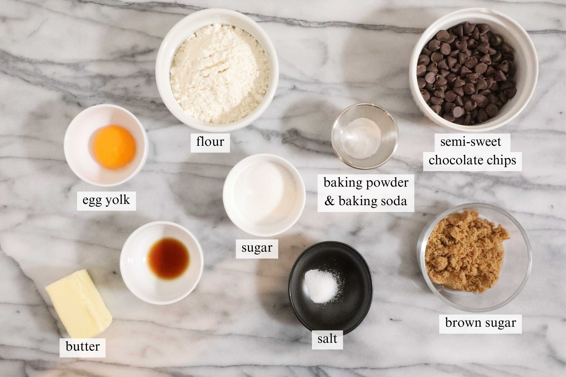 Ingredients needed to make Small Batch Chocolate Chip Cookies.