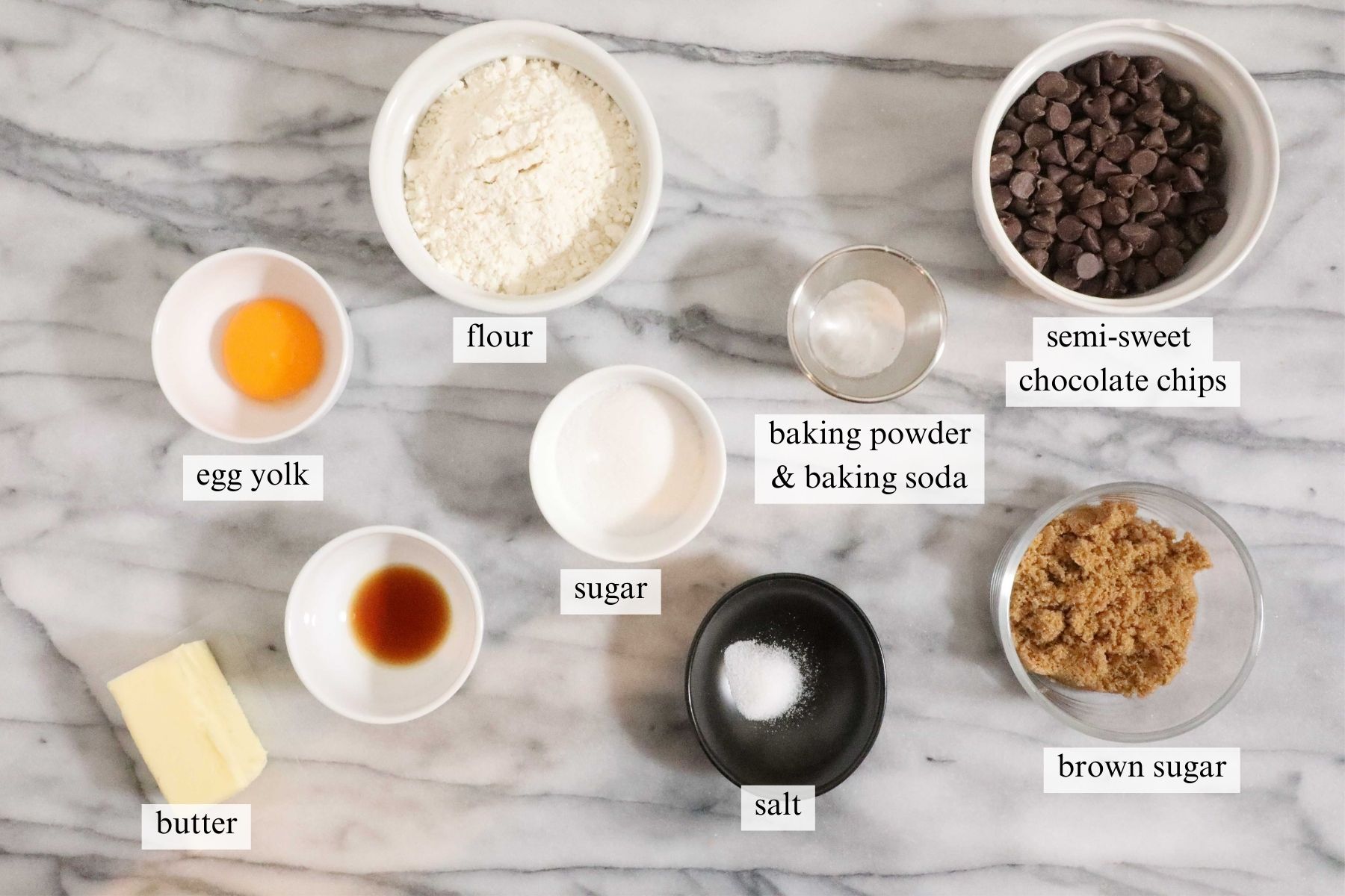 Ingredients needed to make Small Batch Chocolate Chip Cookies.