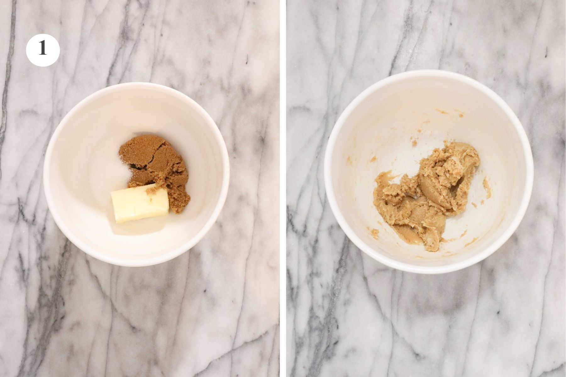 Step 1: A large mixing bowl with butter, granulated sugar and brown sugar before and after being combined.