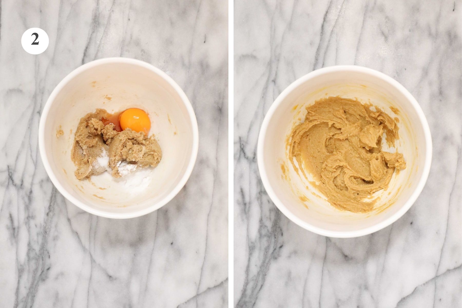 Step 2. A large mixing bowl with cookie dough and added egg yolk, vanilla extract, baking powder, baking soda, and salt before and after being combined.