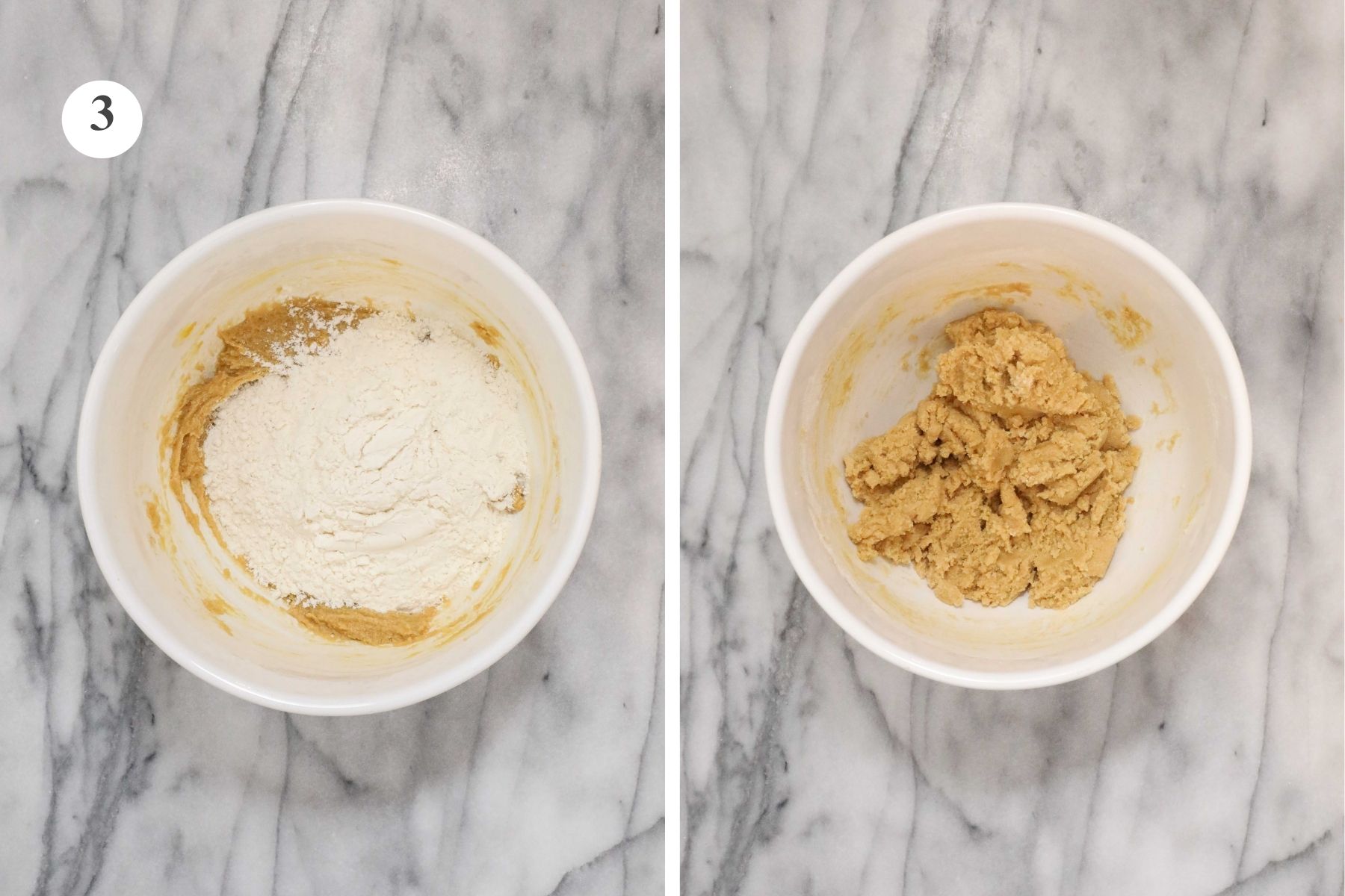 Step 3. A large mixing bowl with cookie dough and added flour before and after being combined.