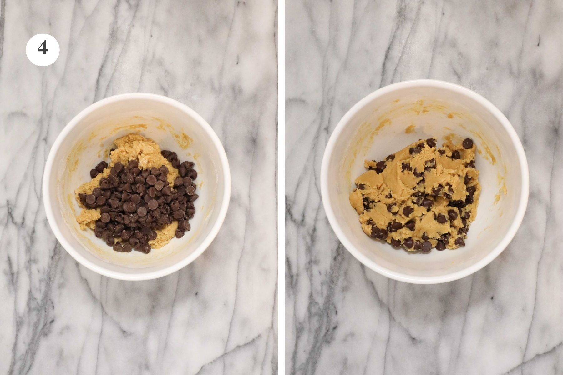 Step 4. A large mixing bowl with cookie dough and added chocolate chips before and after being mixed in.