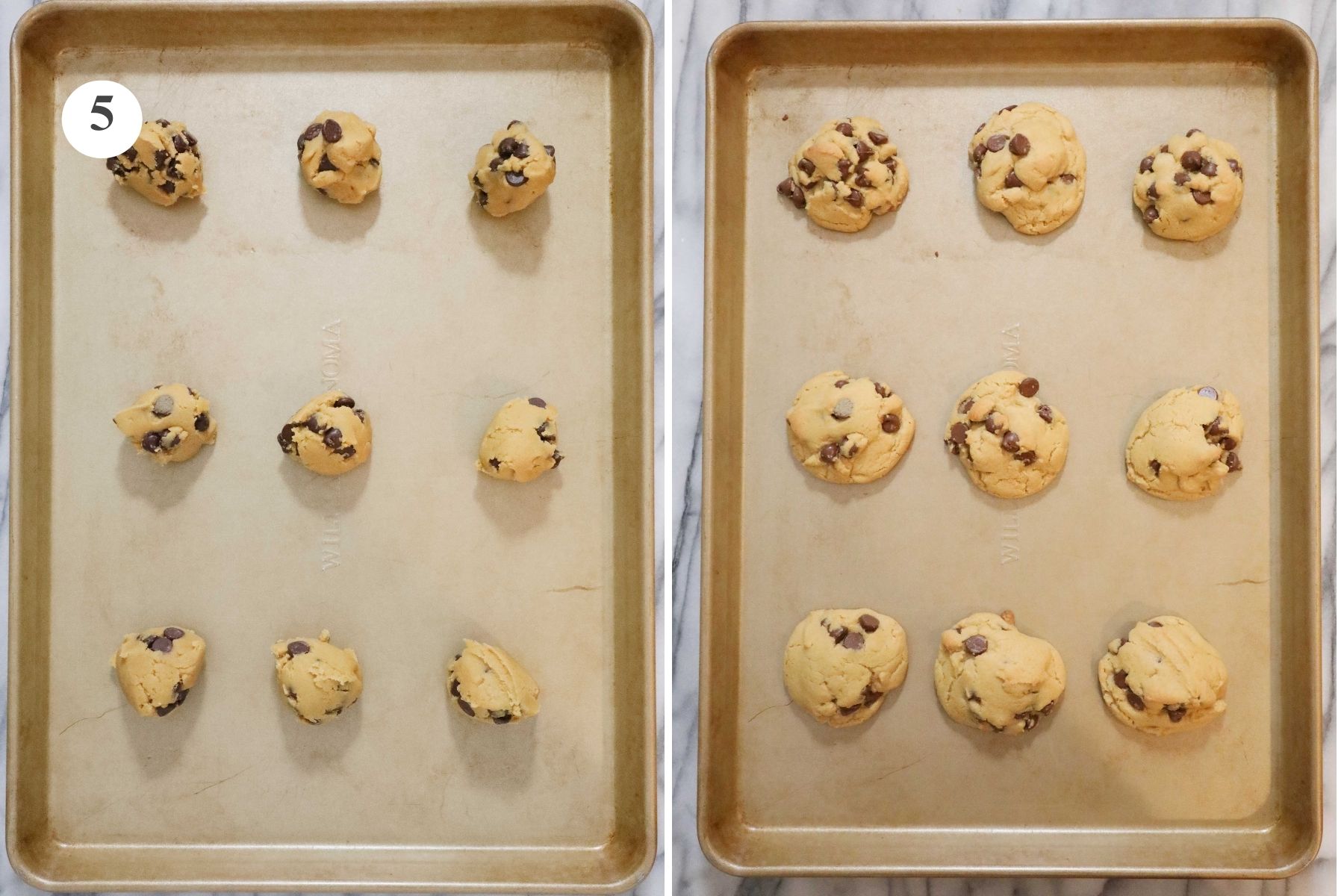 Step 5. A baking sheet with cookie dough before and after being baked.