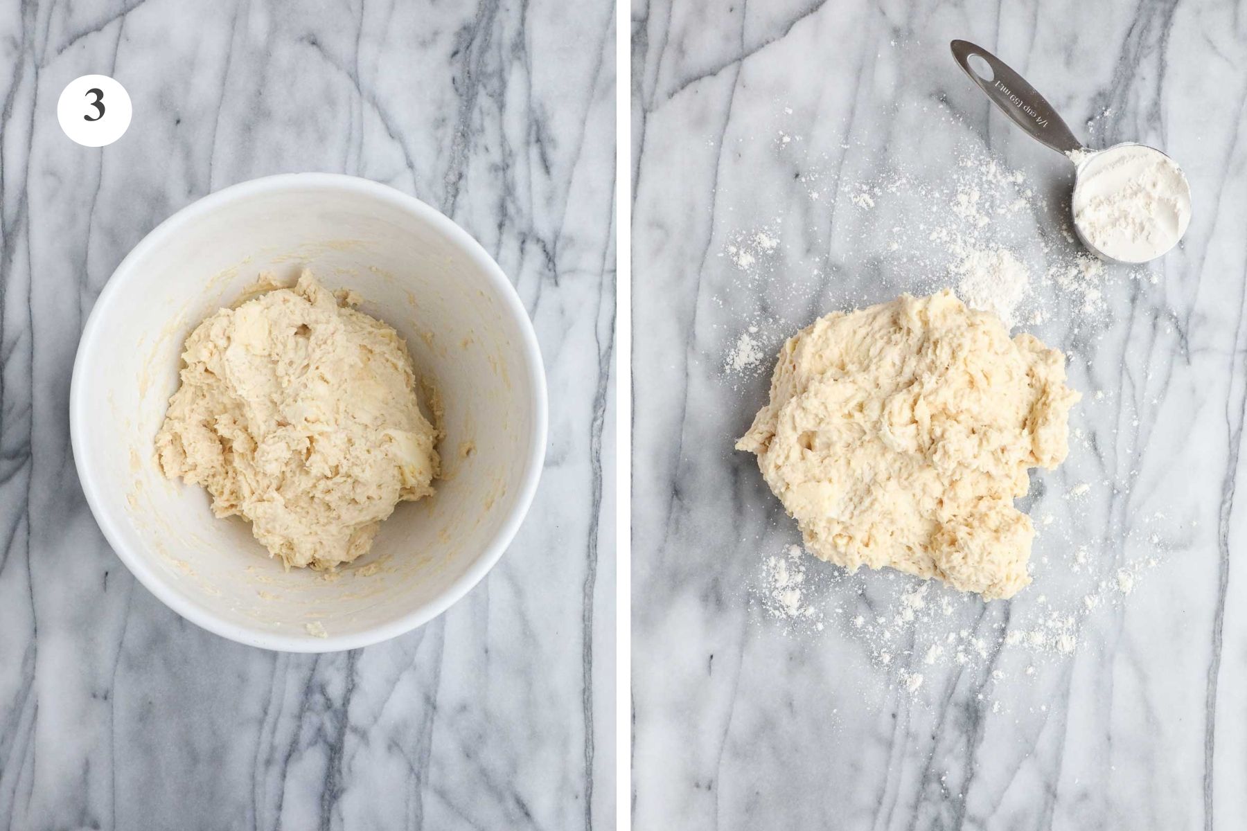 The biscuit dough in the bowl and turned turned out onto the marble board.