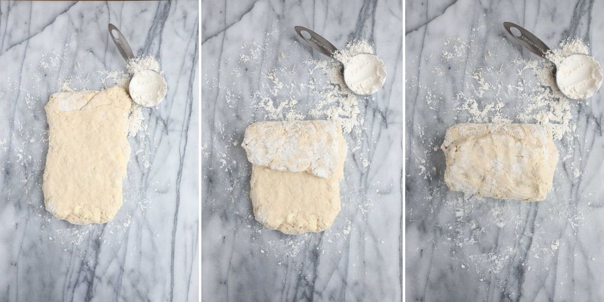 Laminating biscuit dough showing three steps of the process, flattened dough, top folded down, and bottom folded up.