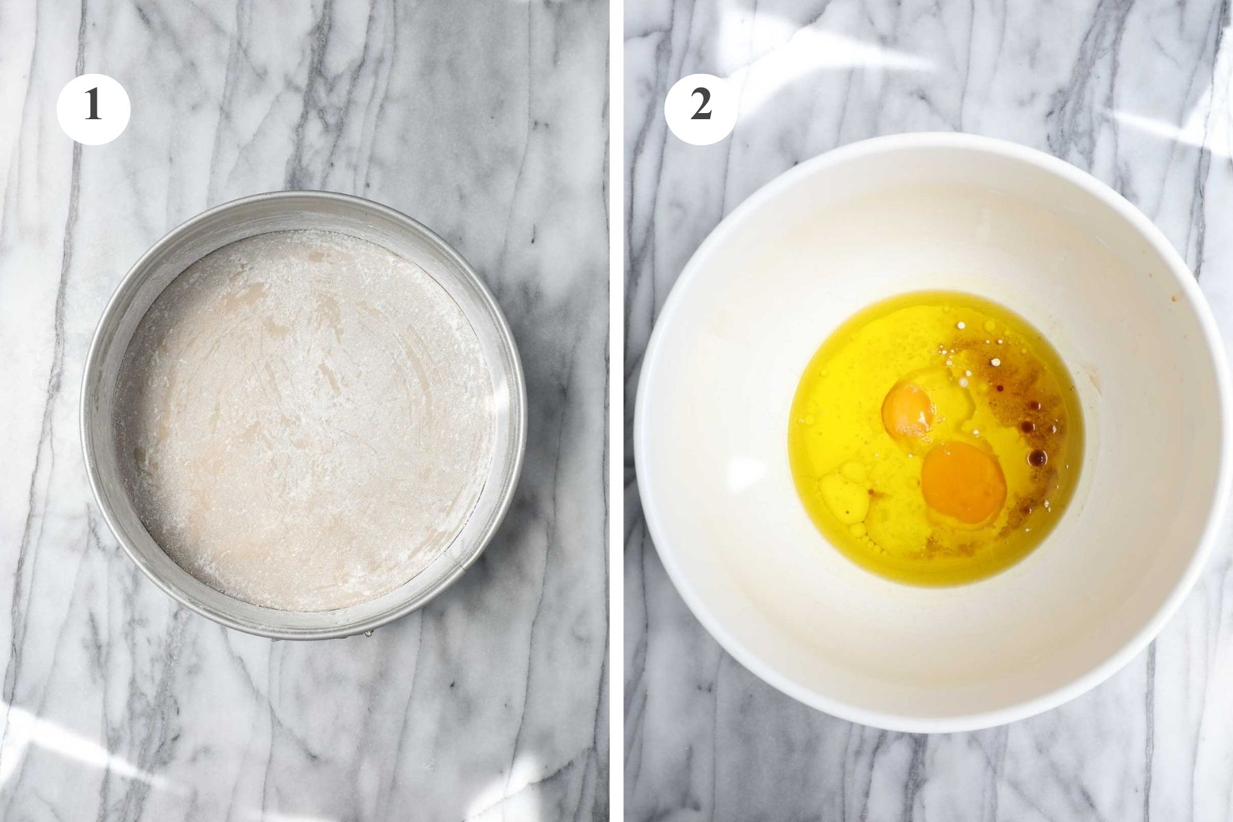 A prepared springform pan and a large white mixing bowl with wet ingredients.