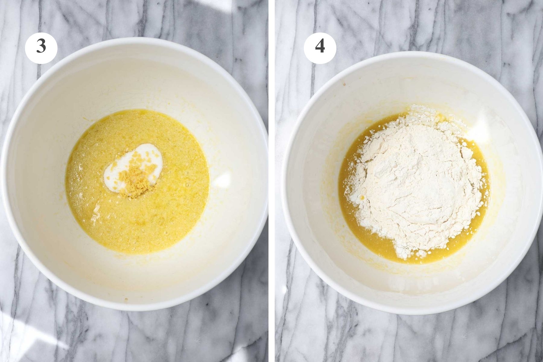 The mixing bowl with sugar, lemon zest, and lemon juice added and the bowl with the ingredients combined and flour added.
