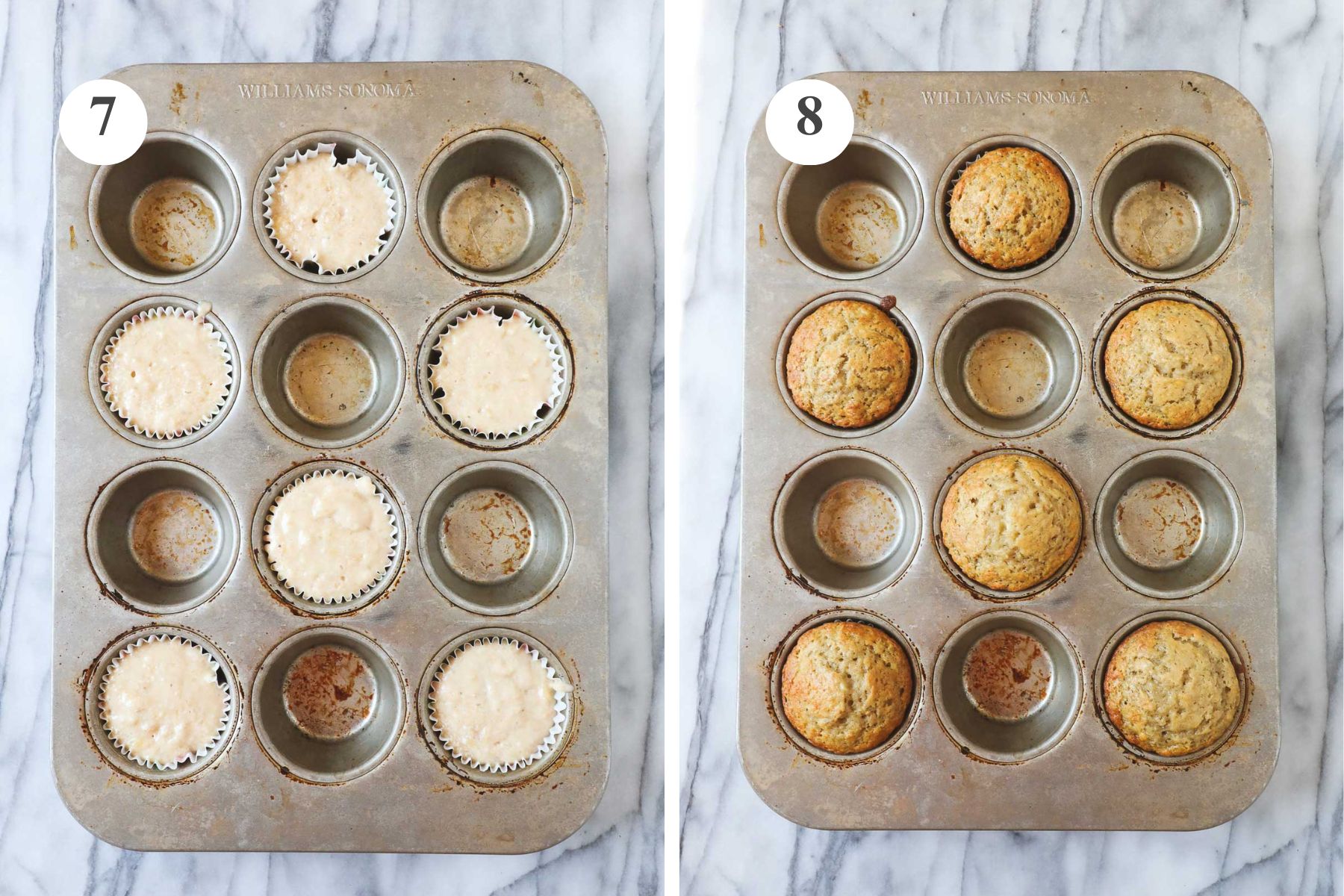 Banana Sourdough Muffins in a muffin tin before and after being baked in the oven.