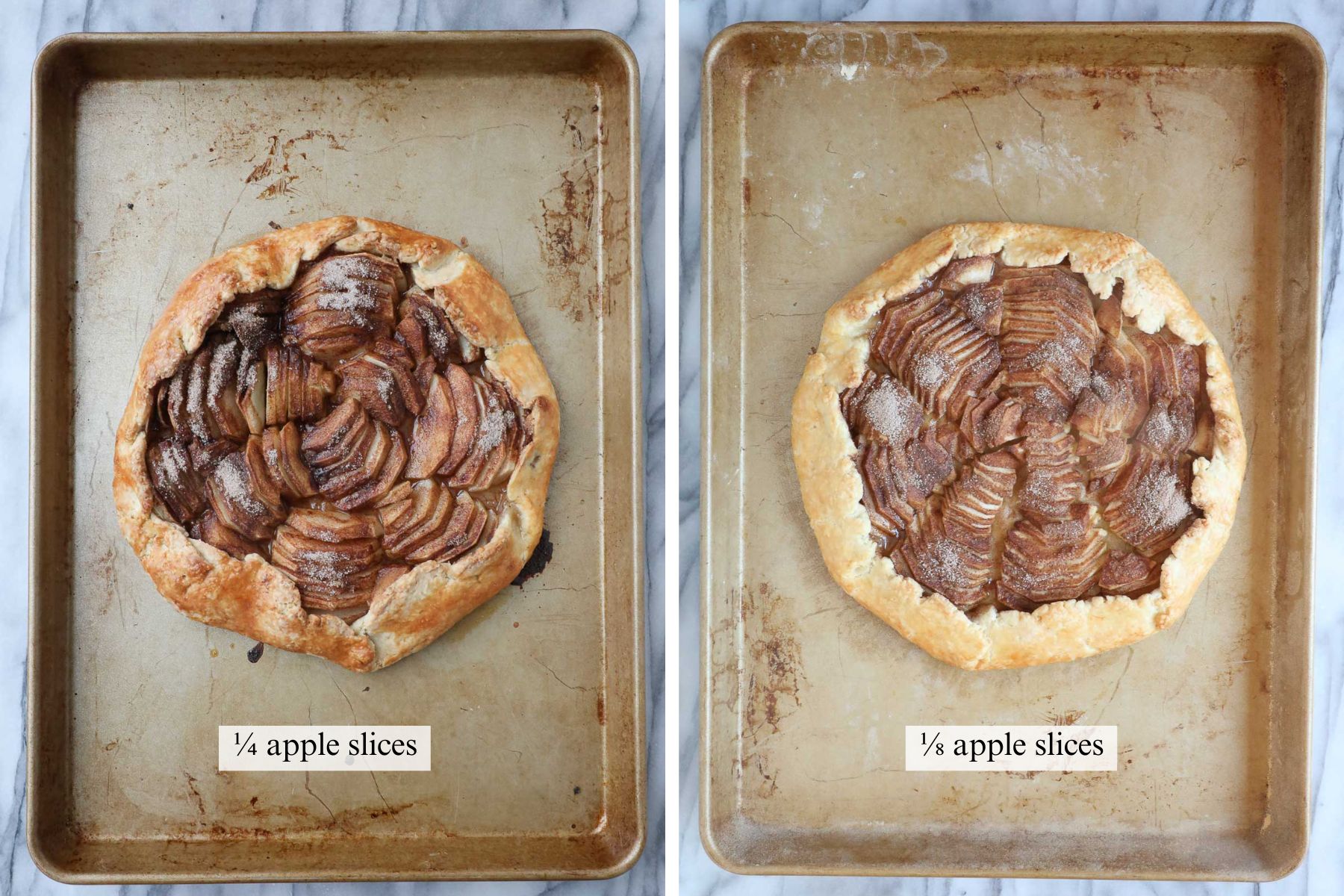 A comparison of the thickness of apple slices in an Apple Crostata and how it affects the arrangement of apples in the crostata.
