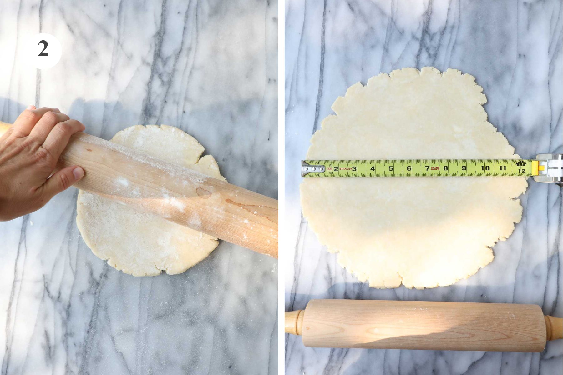Rolling out the pie dough with a rolling pin an a marble background and measuring the diameter of the pie crust with a measuring tape.