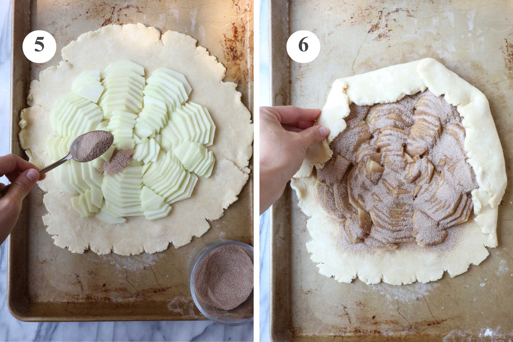 Sprinkling the apples with cinnamon and sugar inside the pie crust, and folding the pie crust over the apples to form the Apple Crostata.