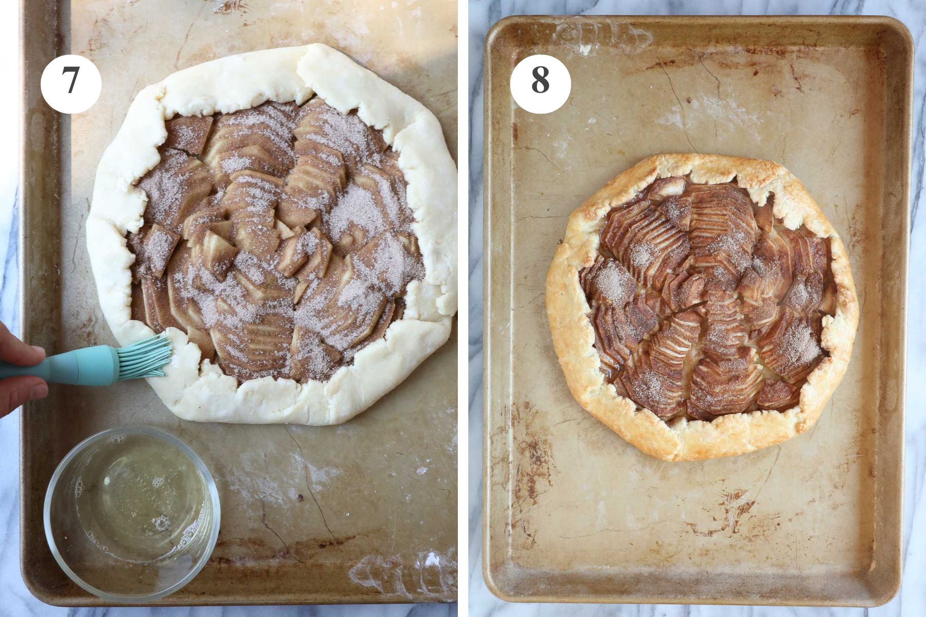Brushing the edge of the Apple Crostata with egg wash and the fully baked Apple Crostata out of the oven.