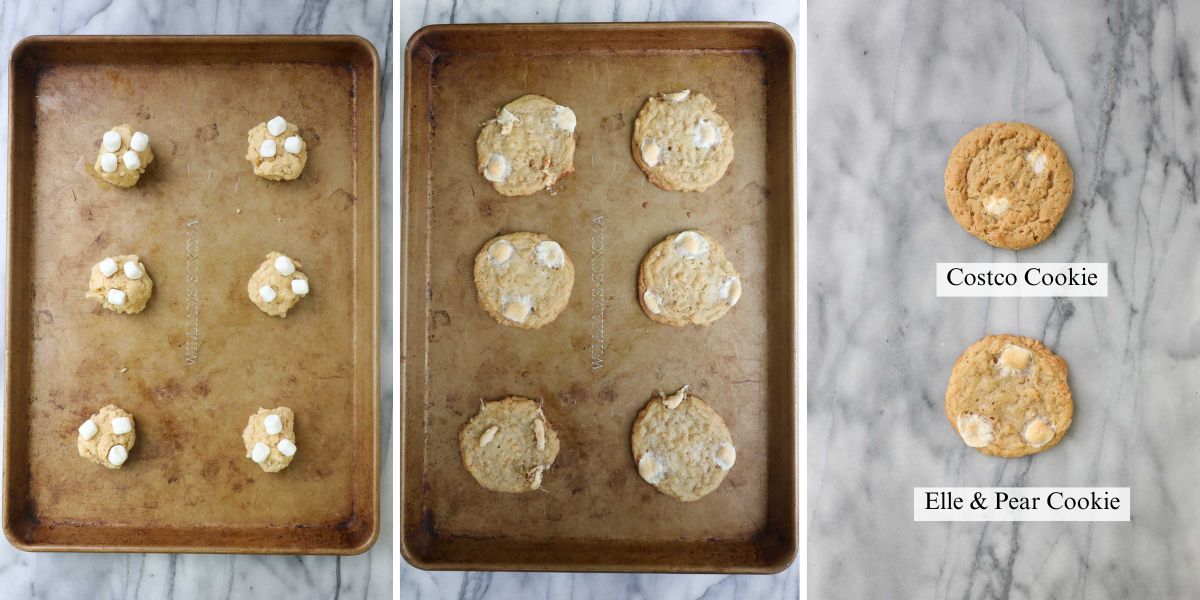 The Costco variation of my Rice Krispie cookies before and after baking in the oven and a comparison of the two cookies.