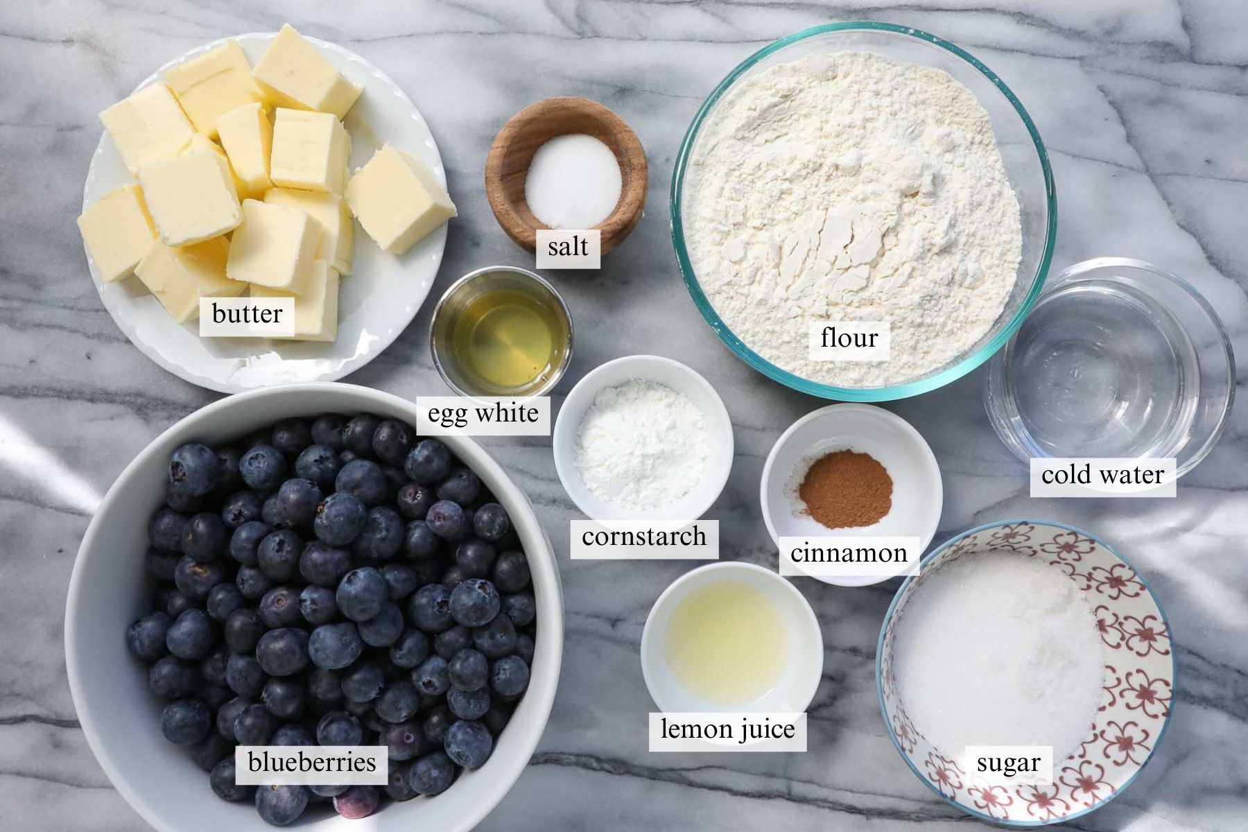 The ingredients needed to make this Classic Blueberry Pie With Easy Homemade Pie Crust.