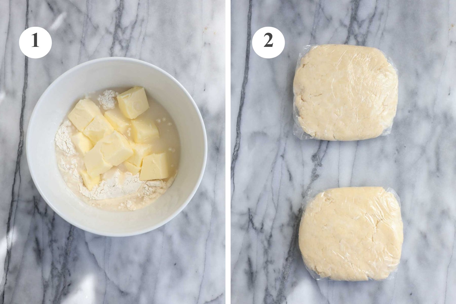 A bowl with the ingredients needed to make the pie crust including flour, sugar, salt, water, and butter, and the pie crust dough divided in two, shaped into a disc, and wrapped in plastic wrap.