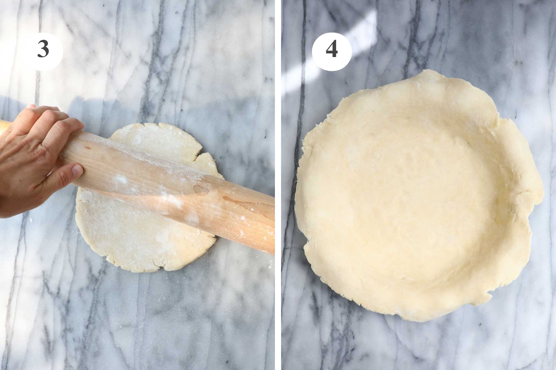 Rolling out the pie crust with a rolling pin and the bottom pie crust fitted to the pie dish.