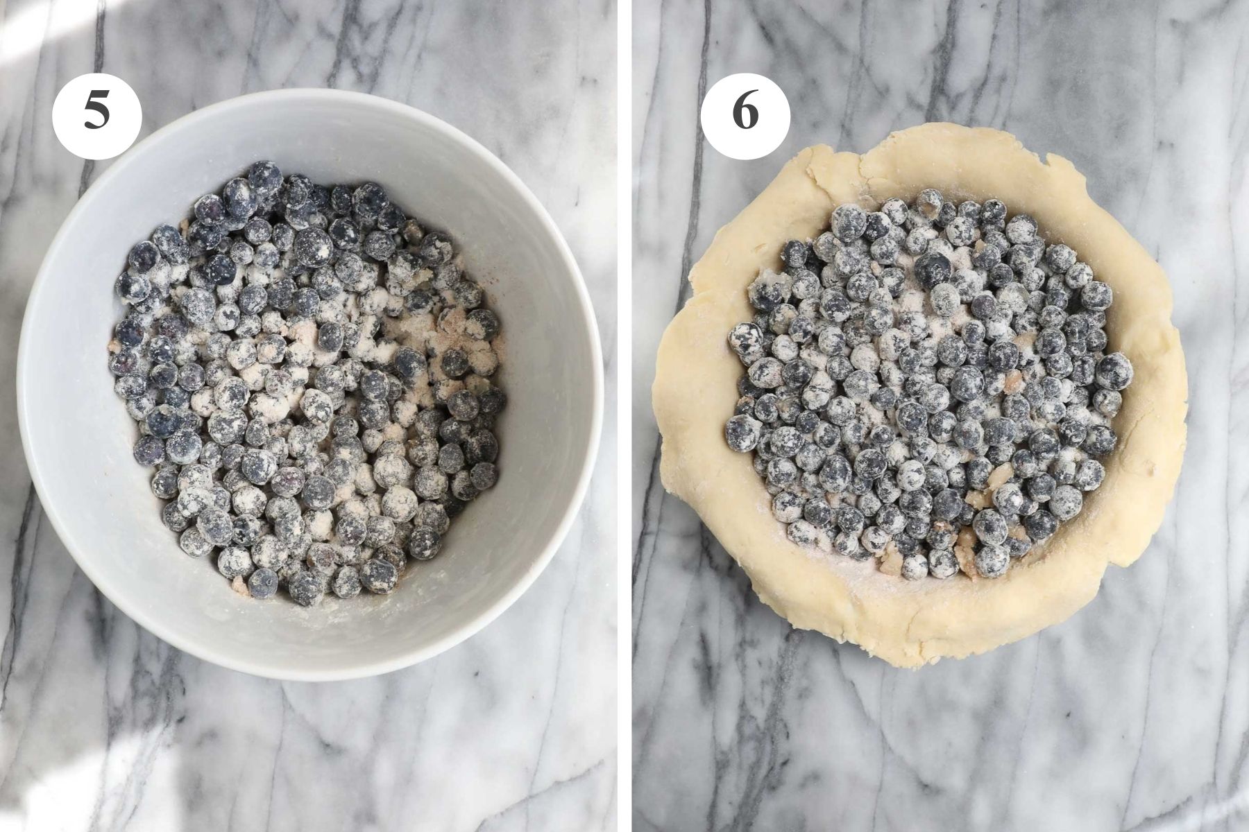 Blueberries, cinnamon, sugar, flour, salt, and cornstarch combined in a a large bowl, and the blueberry filling poured into the bottom pie crust in the pie dish.
