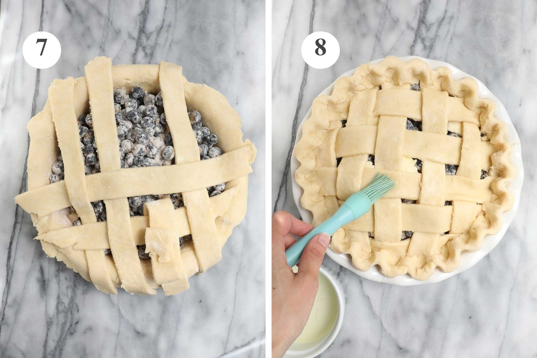 Assembling the lattice pie crust and brushing the finished pie with an egg white before baking it in the oven.