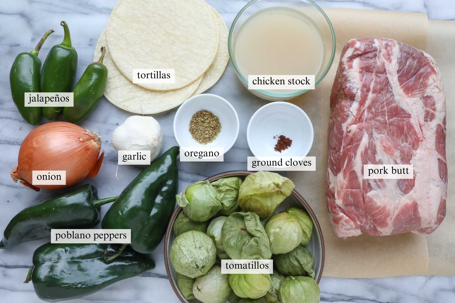 The ingredients needed to make Green Chili Pork Tostadas.