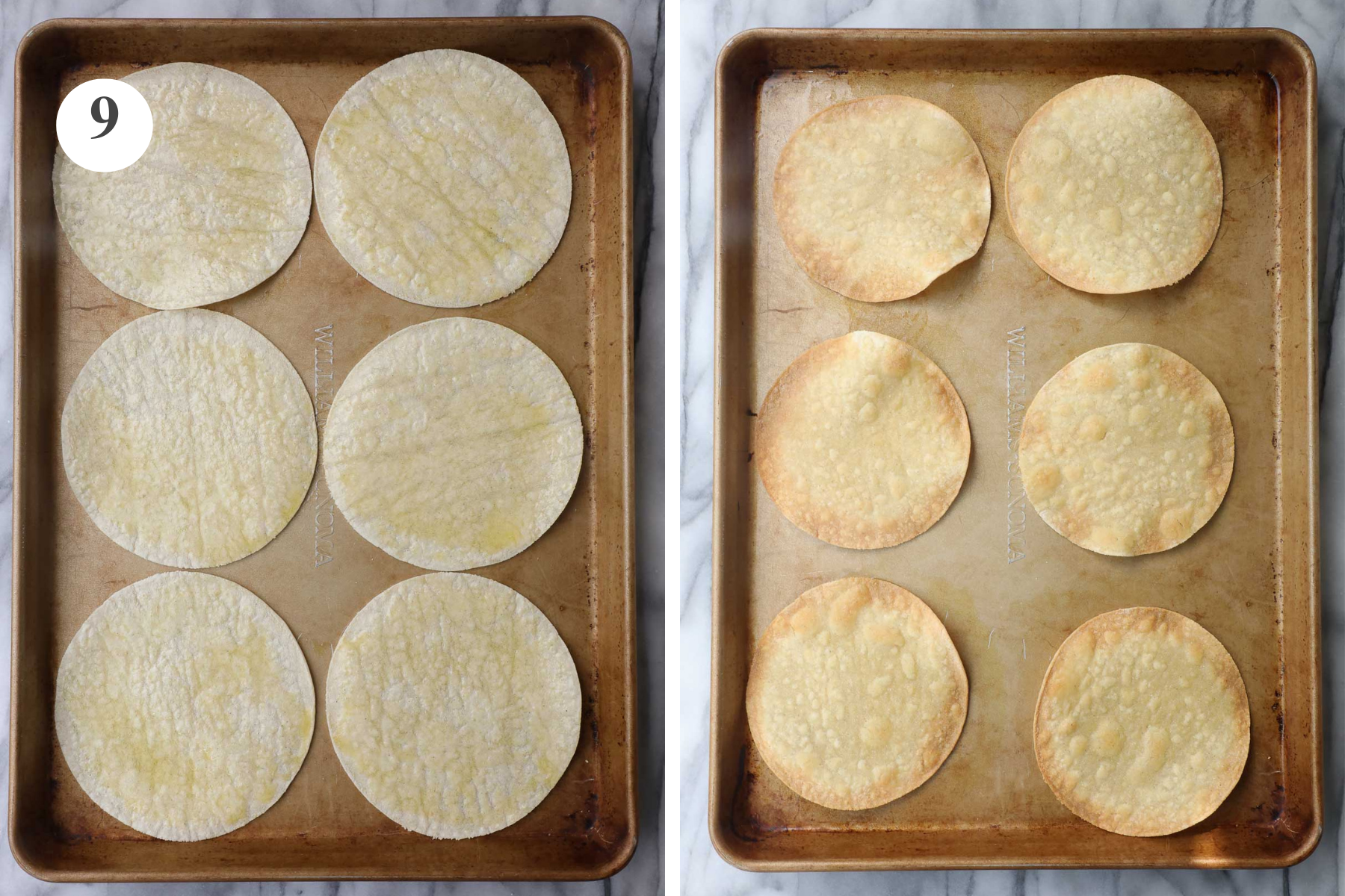 Corn tortillas on a baking sheet before and after being baked.