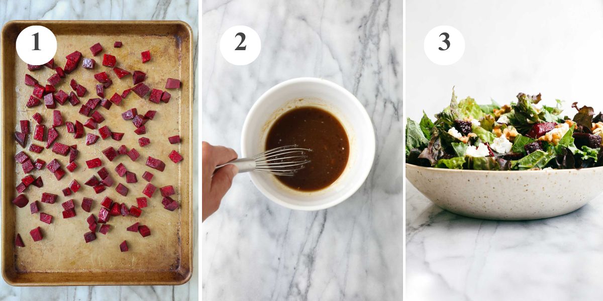 Diced beets on a sheet pan, balsamic vinaigrette in a small white bowl with a whisk, and the fully assembled salad.