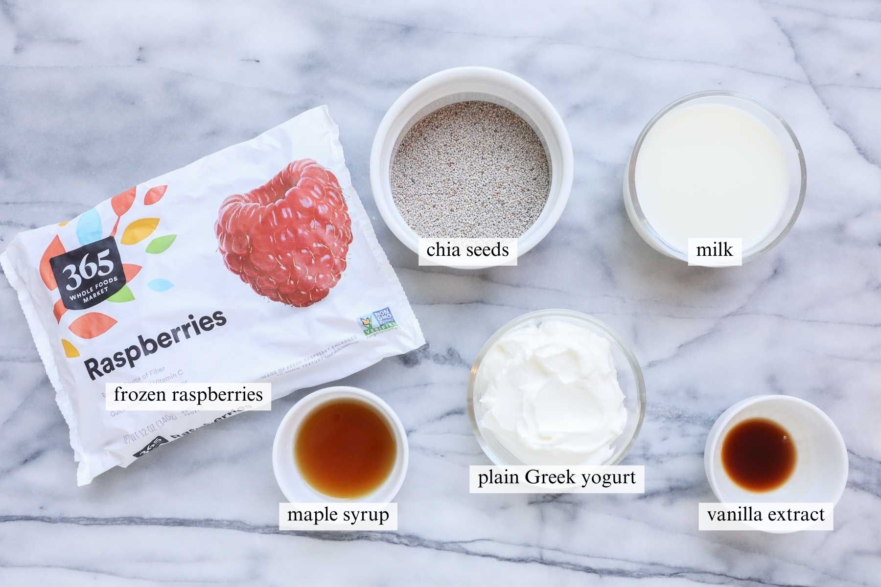 The ingredients needed to make Chia Seed Pudding with Homemade Raspberry Jam.