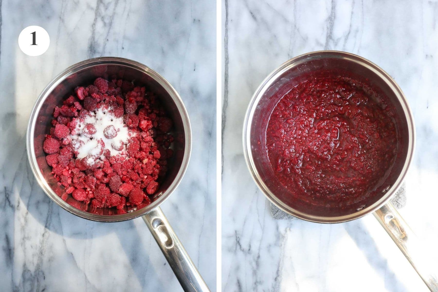 Frozen raspberries and sugar in a saucepan before and after cooking down into jam.
