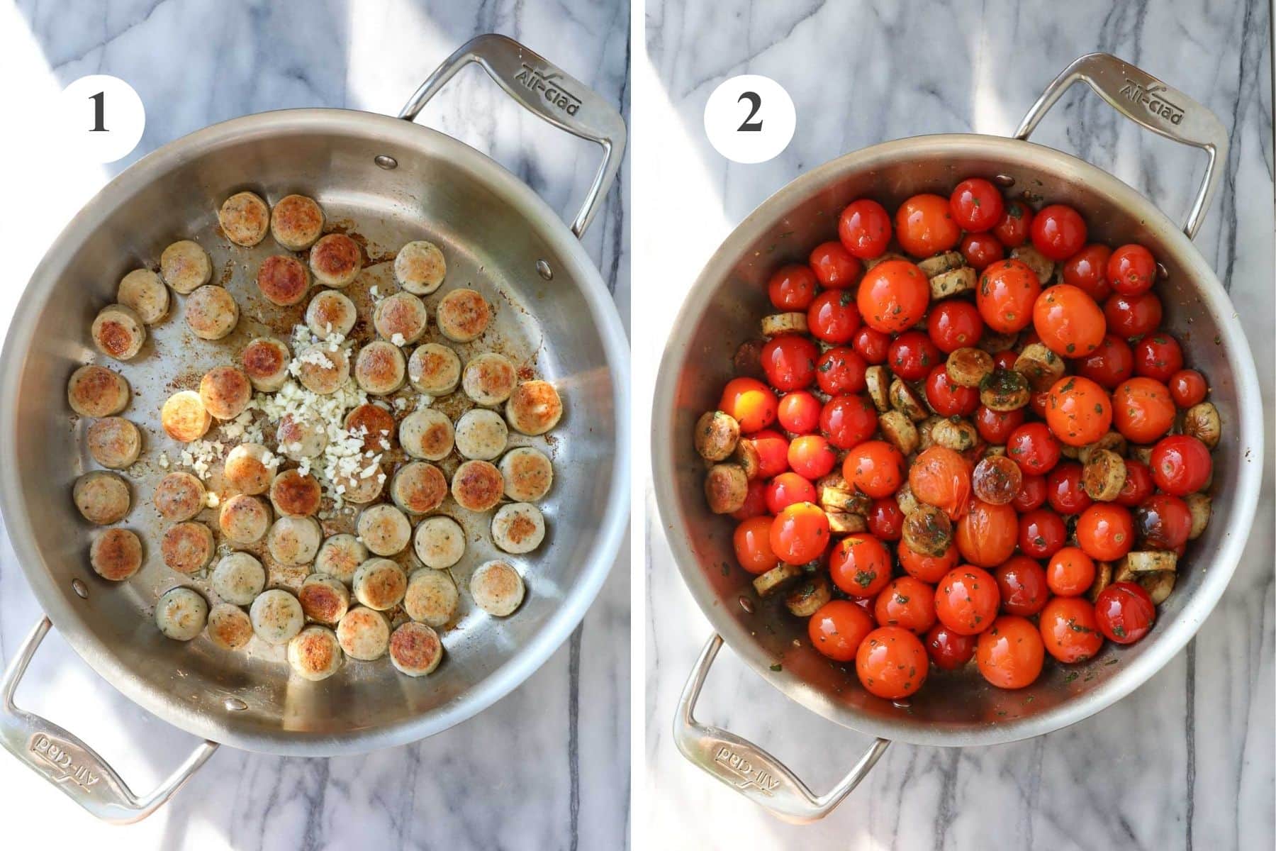 A large sauté pan with browned sausages and garlic and the same pan after the cherry tomatoes, salt, and basil have been added.