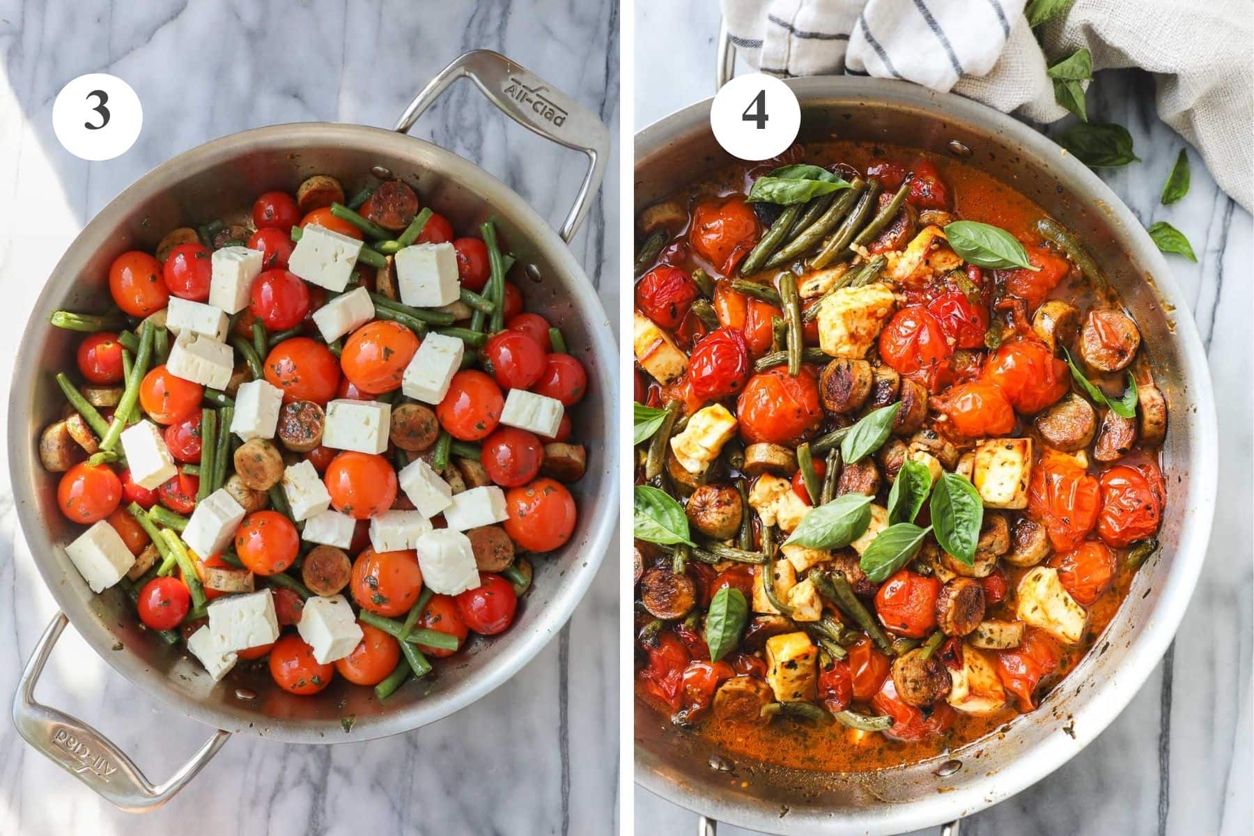 The sauté pan with the green beans and feta added, and the final dish after it has been baked in the oven topped with fresh basil.