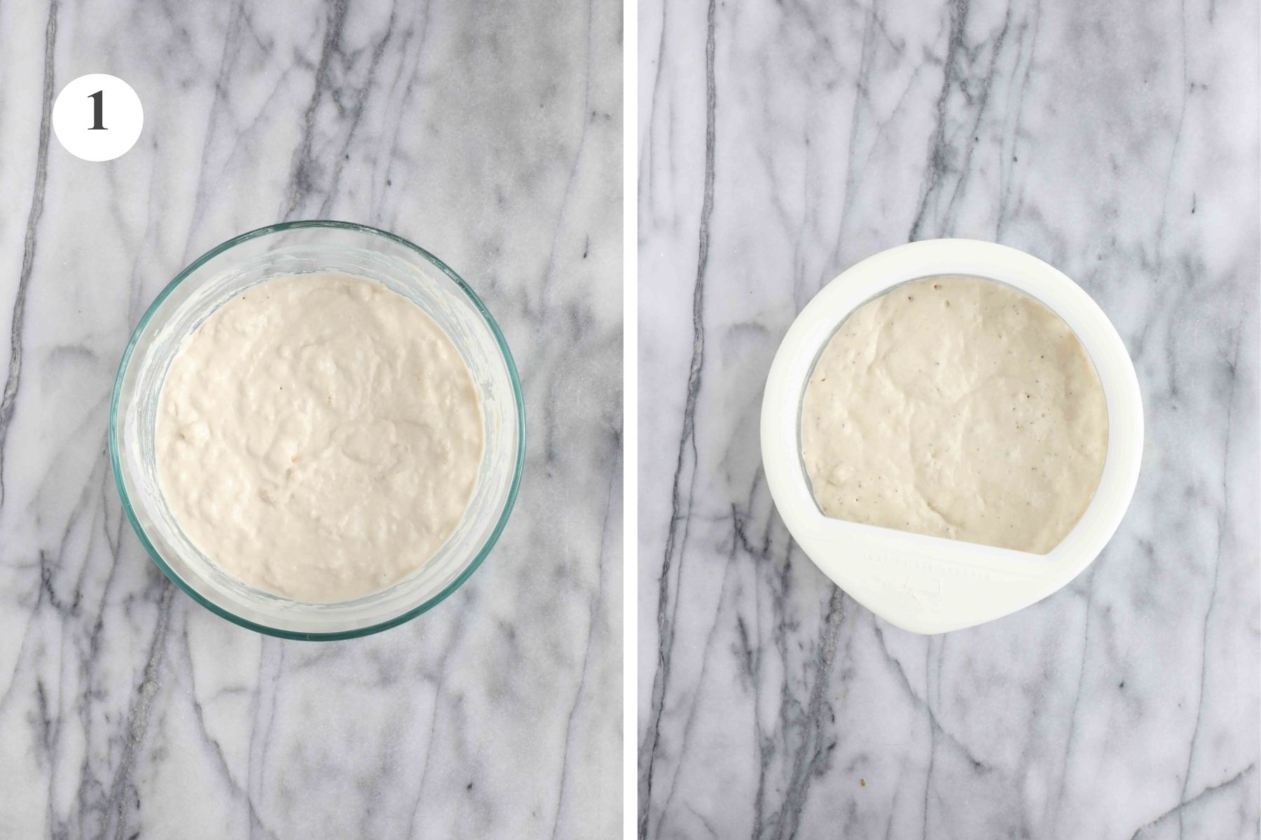 The poolish in a glass tupperware before and after resting.