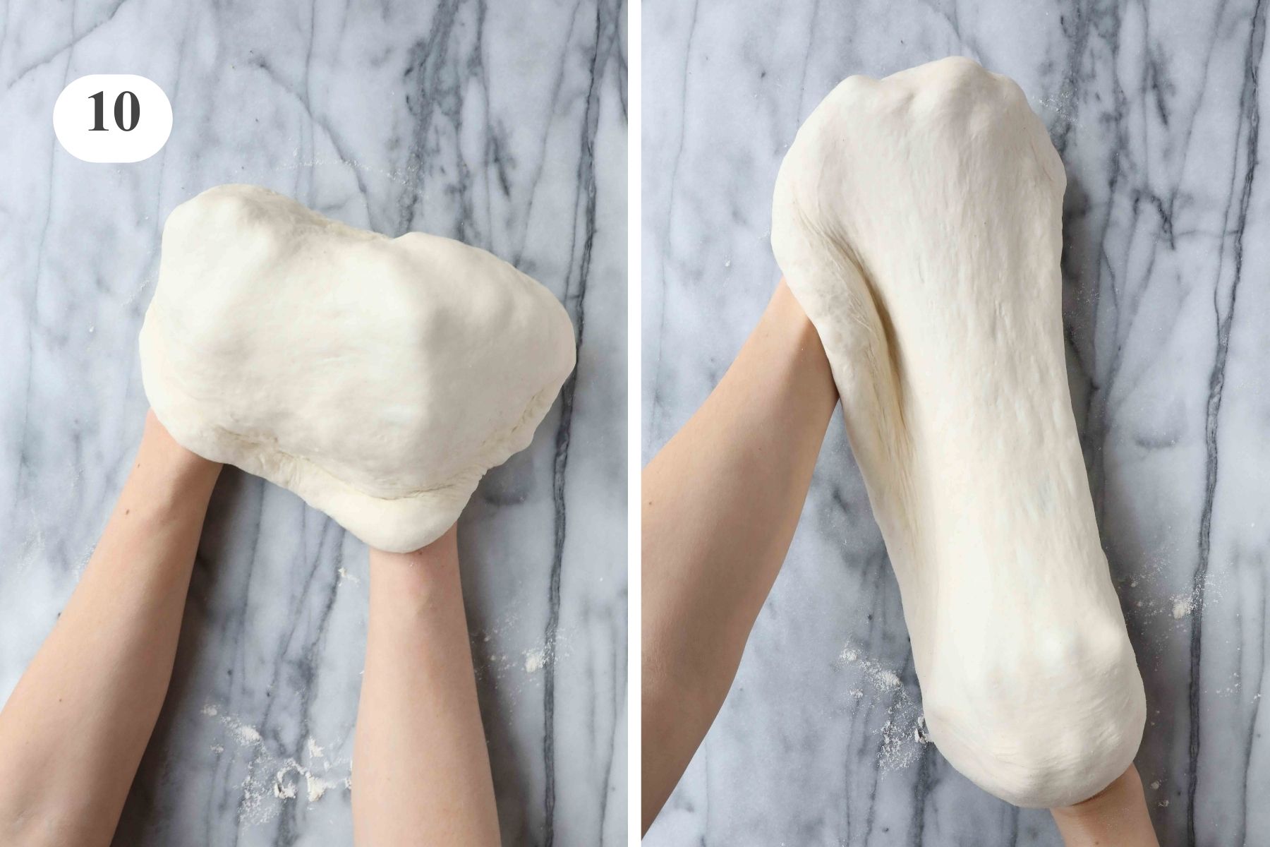 Stretching the dough on the back of my fists.