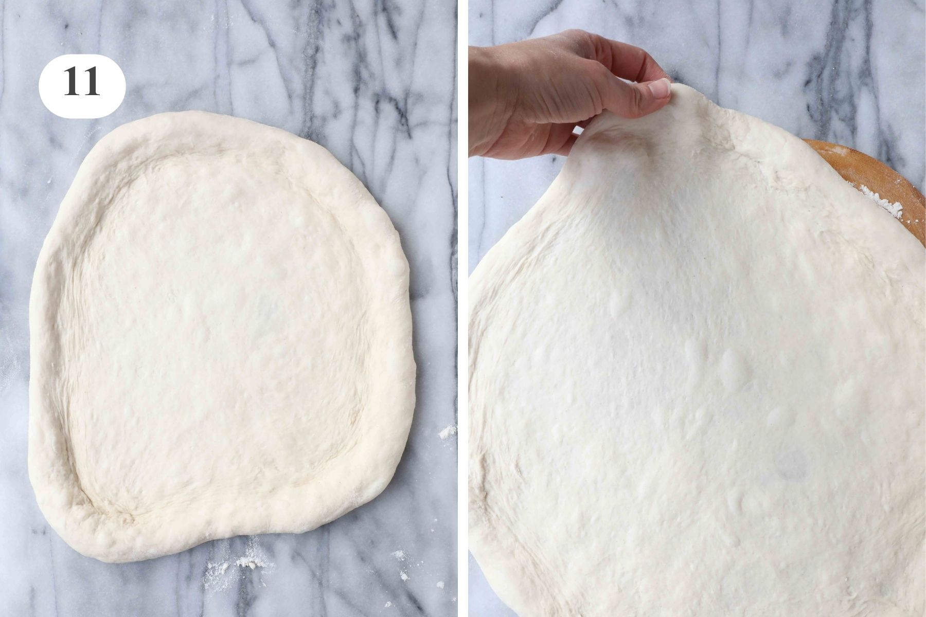 Shaping the dough into a large circle with a crust and placing it on a pizza peel so that it slightly overlaps the edge of the pizza peel.