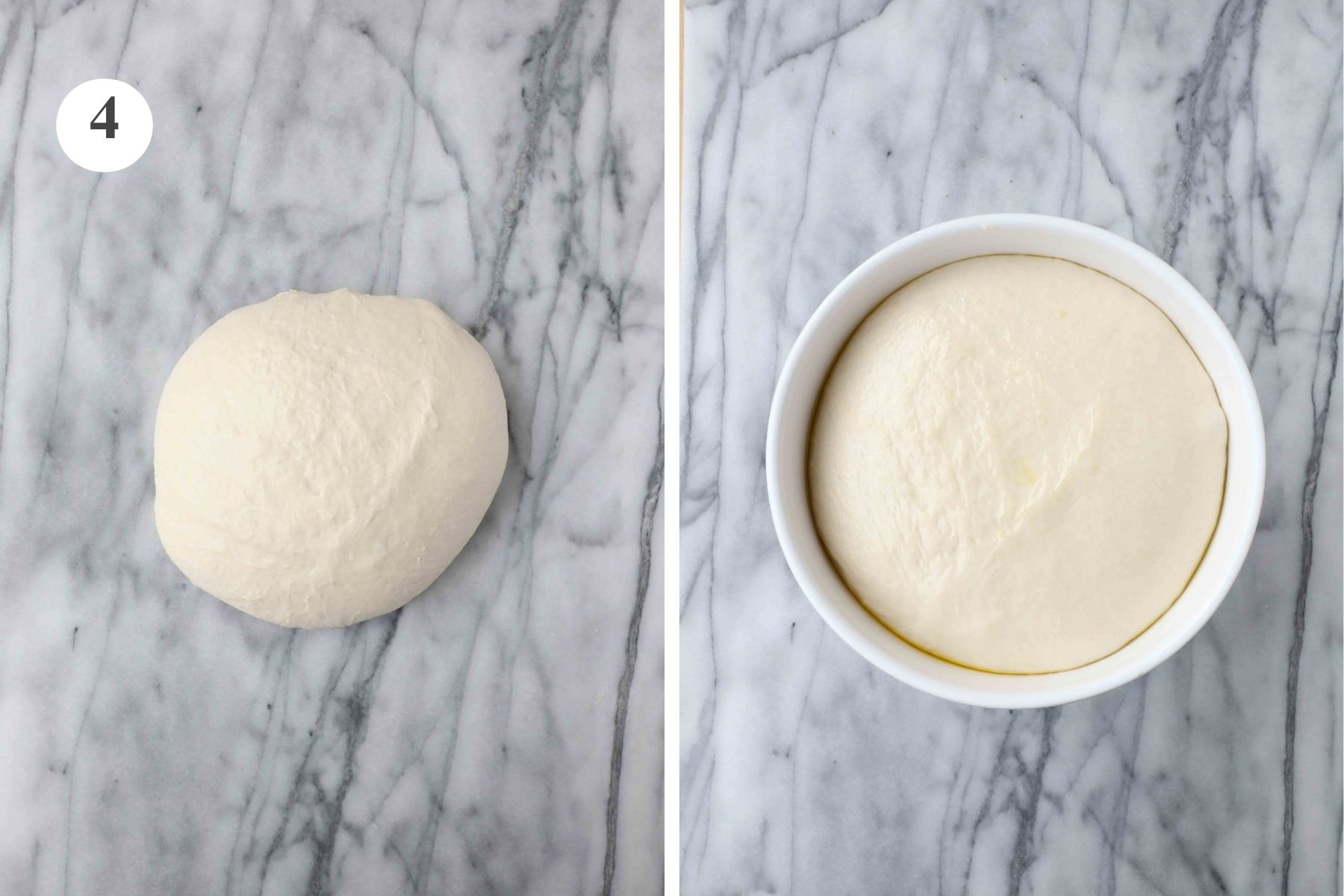 The fully kneaded or worked dough before and after being left to rise.