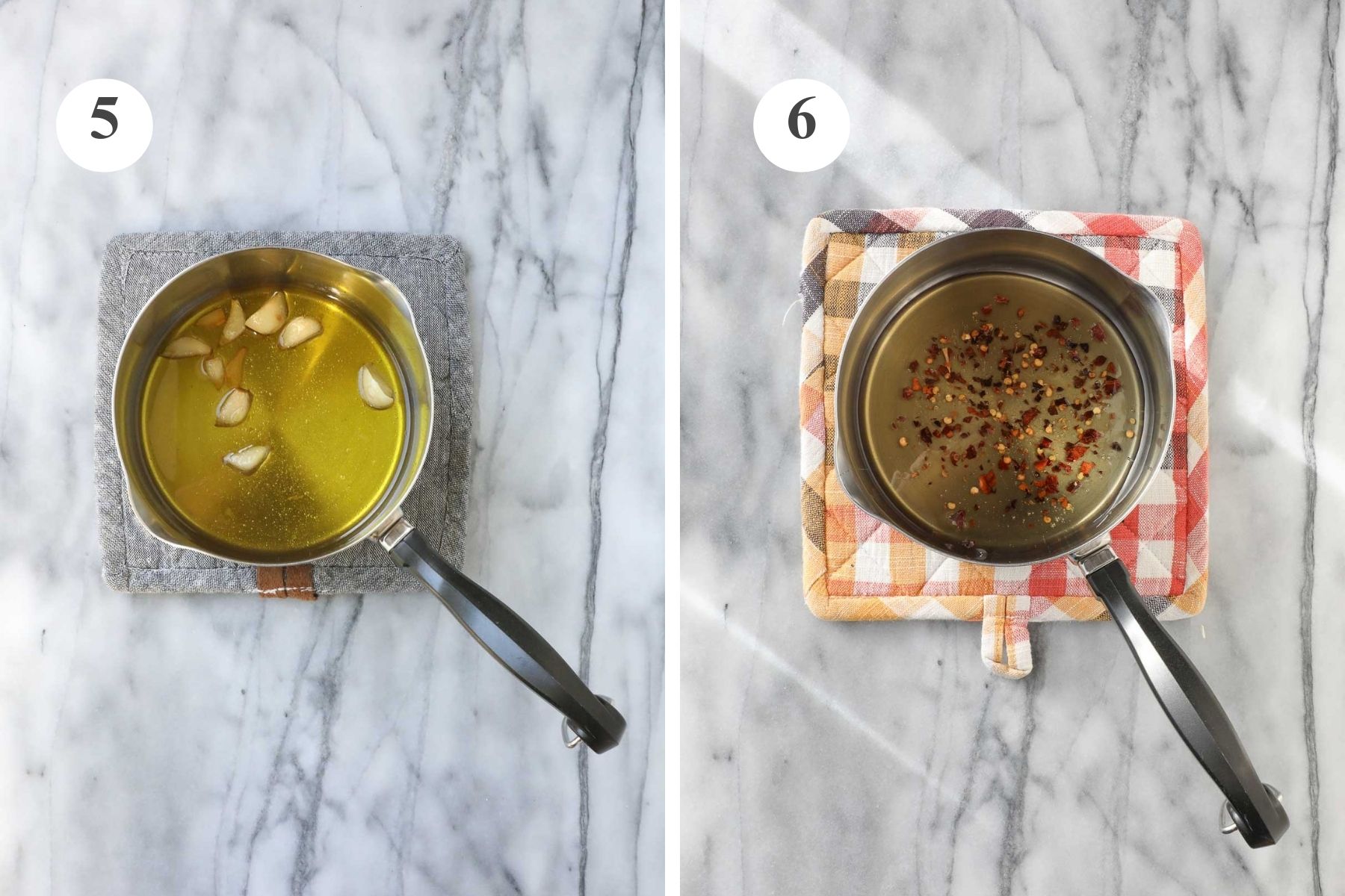 The garlic and olive oil in a saucepan and the honey and red pepper flakes in a separate saucepan.