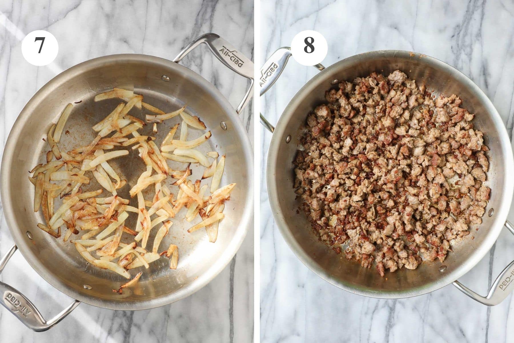 The caramelized onions in a large sauté pan and the fully cooked and slightly crispy Italian sausage in a sauté pan.